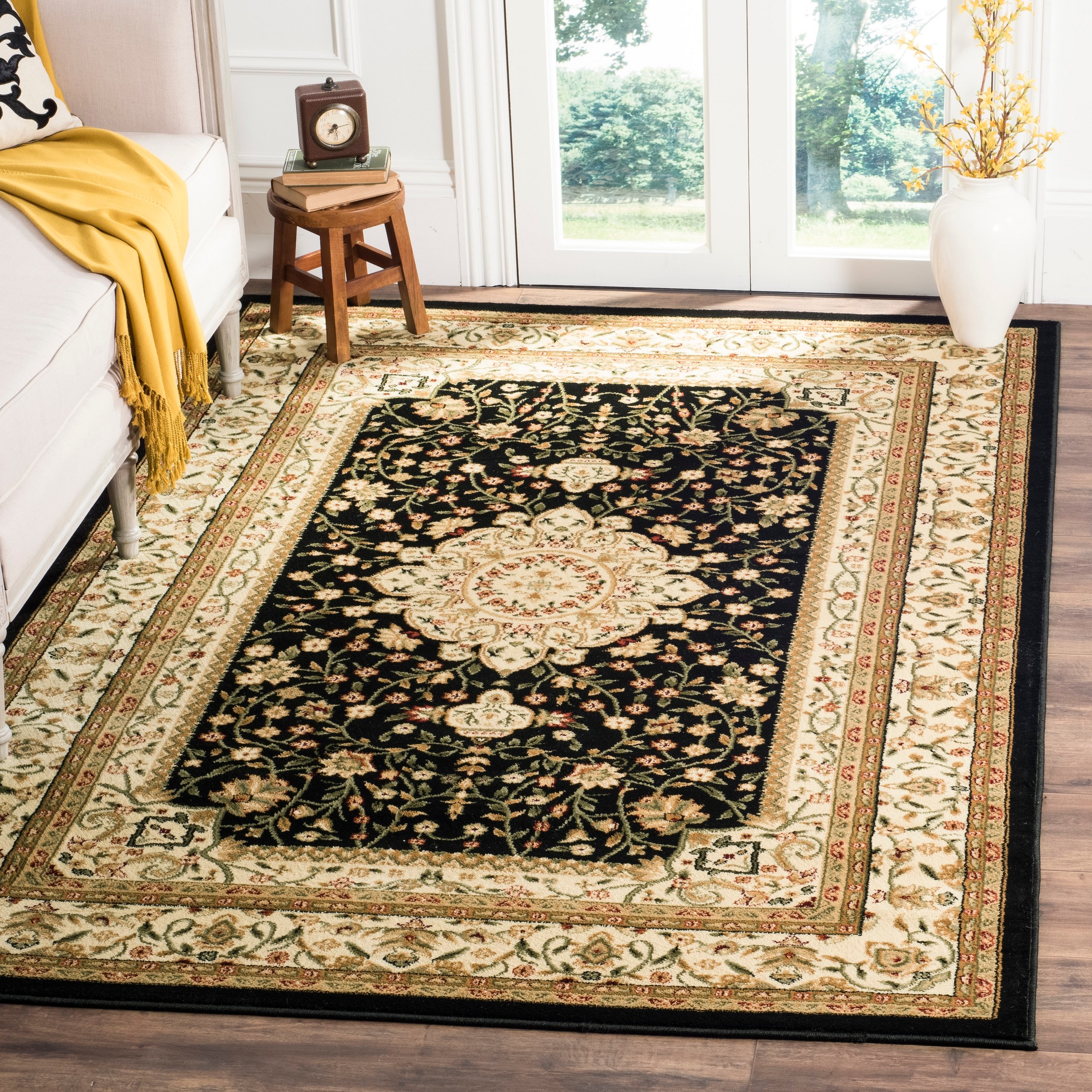 Safavid Style Black and Ivory Synthetic Area Rug