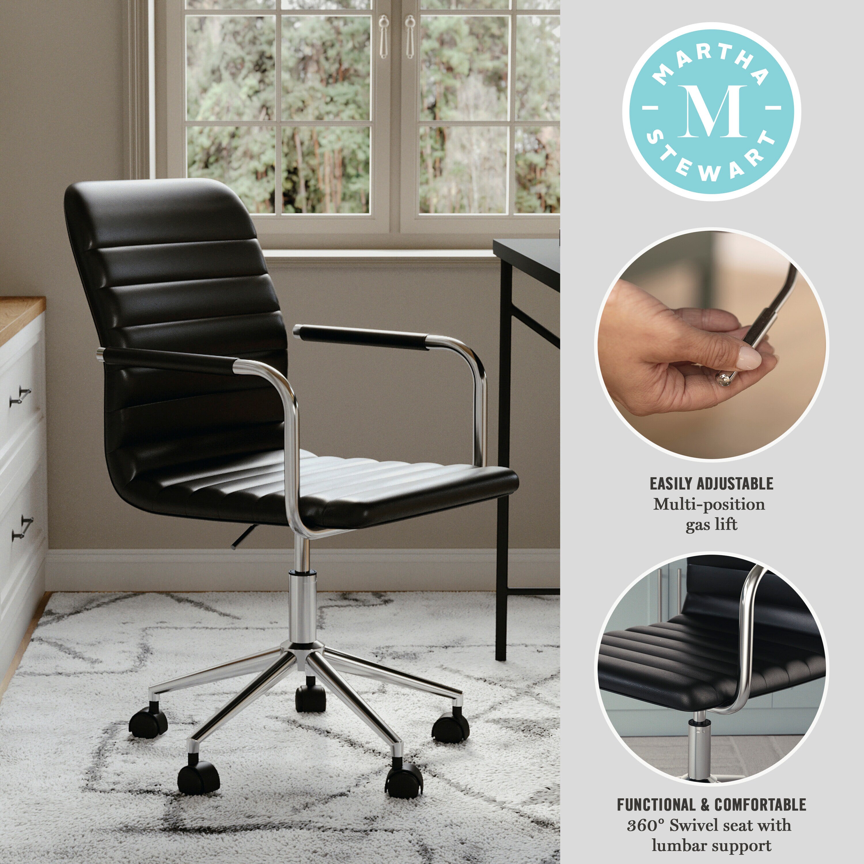 Black Faux Leather Executive Swivel Office Chair with Polished Nickel Frame