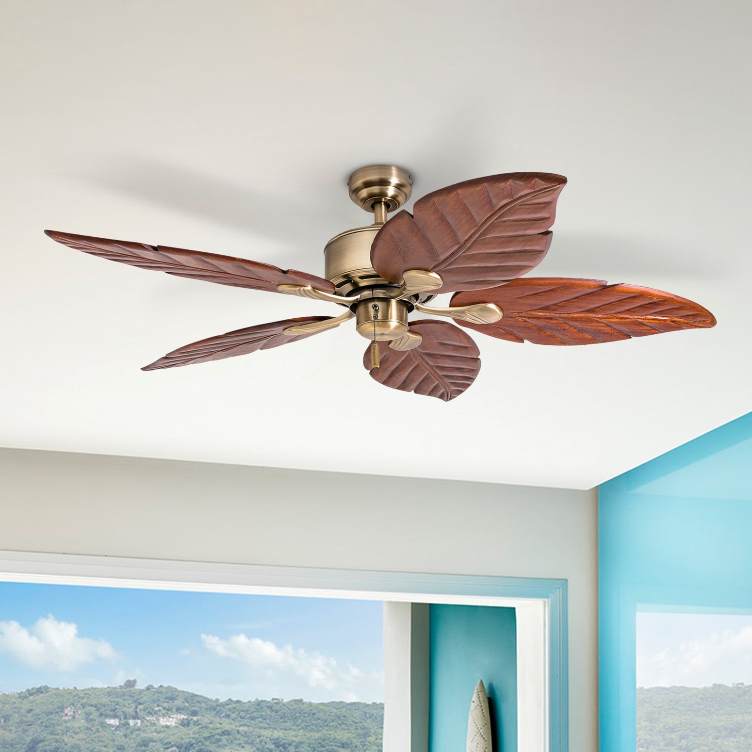 Aged Brass 52" Tropical Ceiling Fan with Wooden Leaf Blades