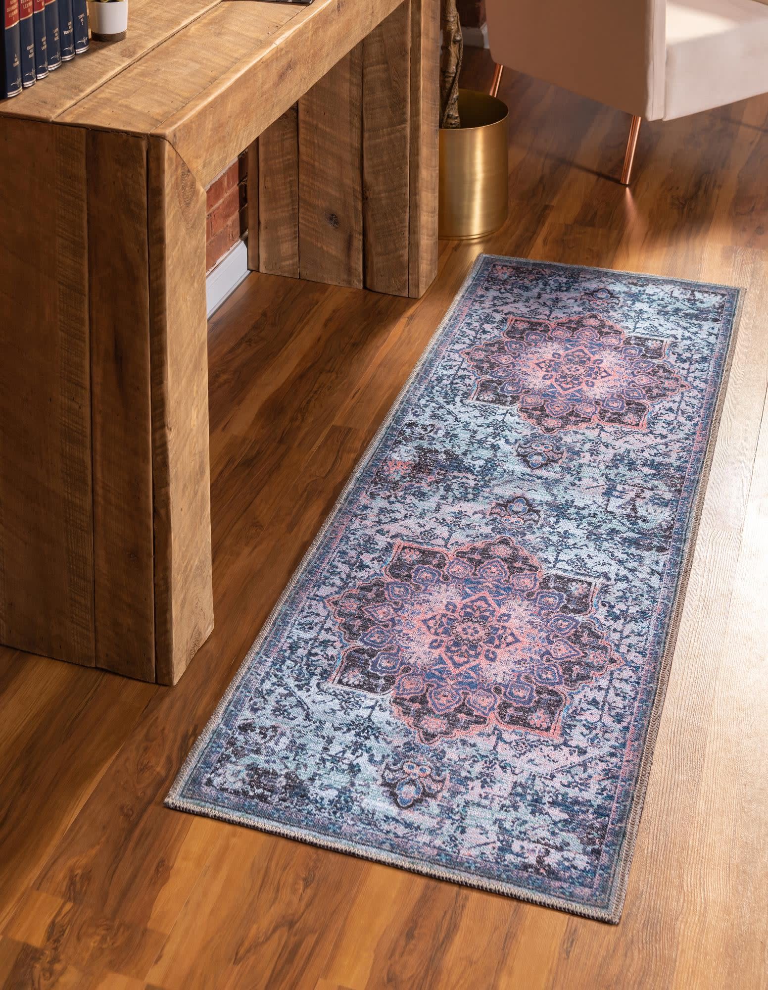 Unique Loom 3166684 Renaissance 3 x 13 (ft) Loomed Polyester Light Blue Washable Rectangular Indoor Medallion Runner rug