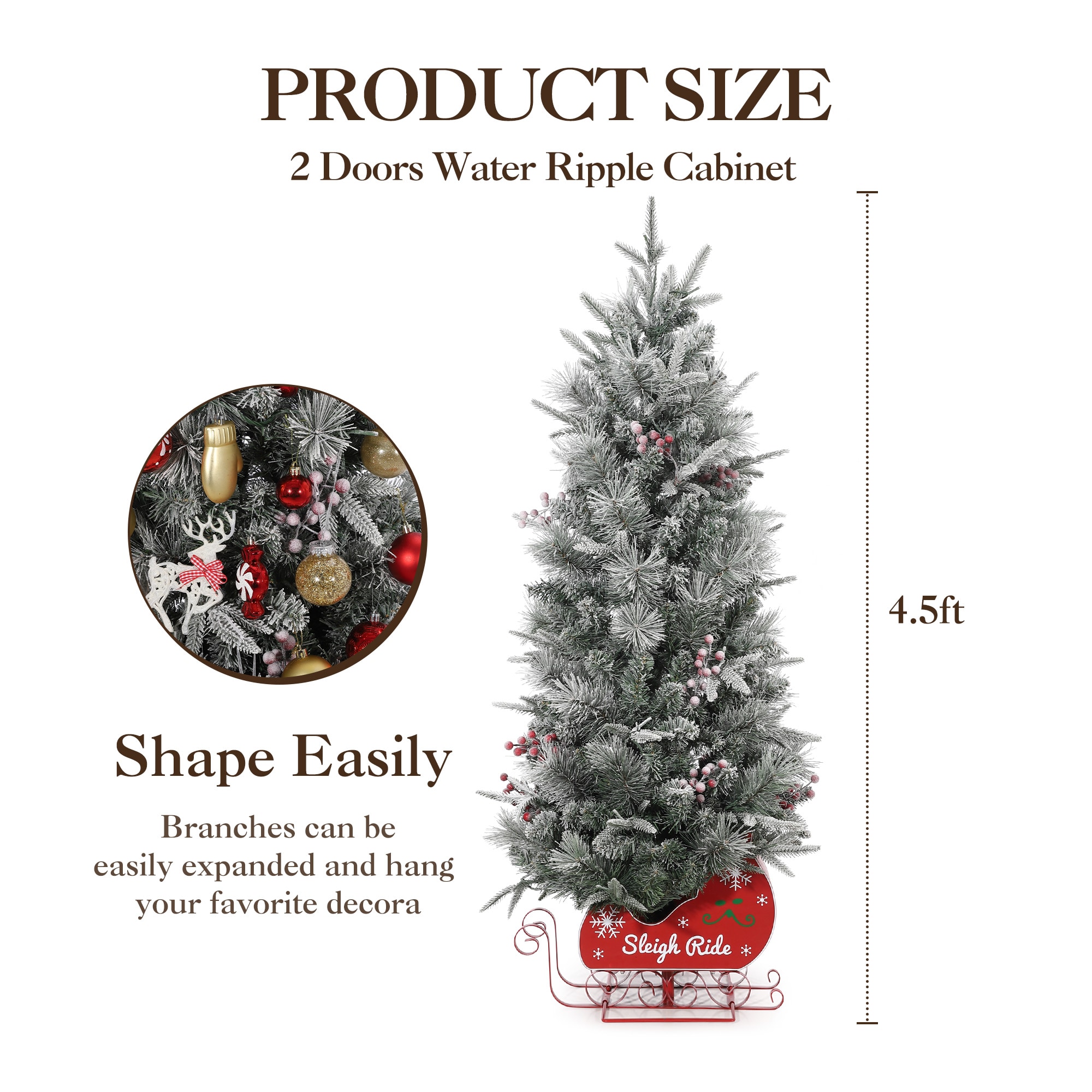 Der Rose 3FT 78LED 1Pc Artificial Christmas Tree Small Pre-Lit Snow Flocked Christmas Tree Holiday Xmas Tree Holiday Sleigh Shape Base Pine Cones Red Berry Clusters