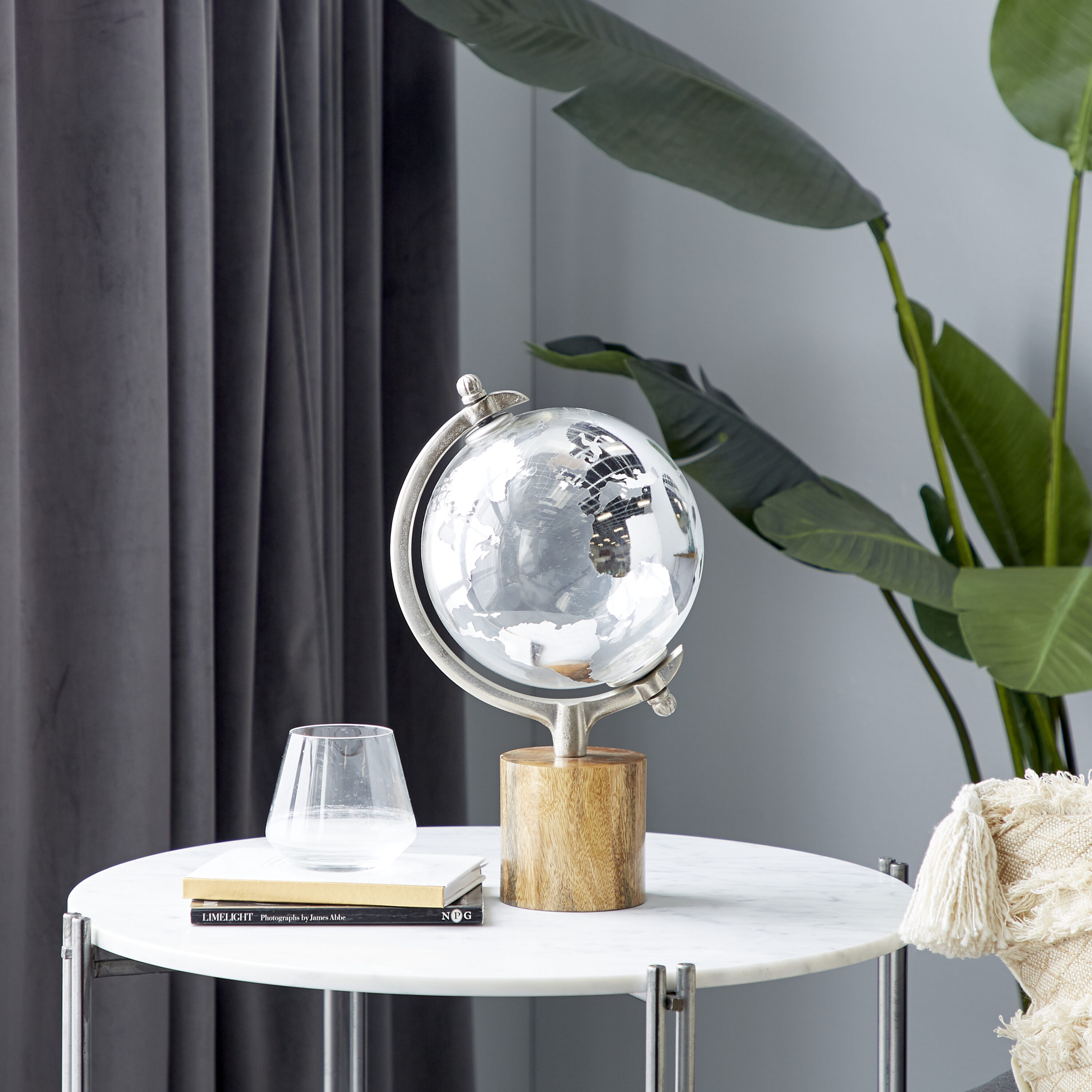 Elegant Silver Abstract Globe 8" x 15" with Mango Wood Base