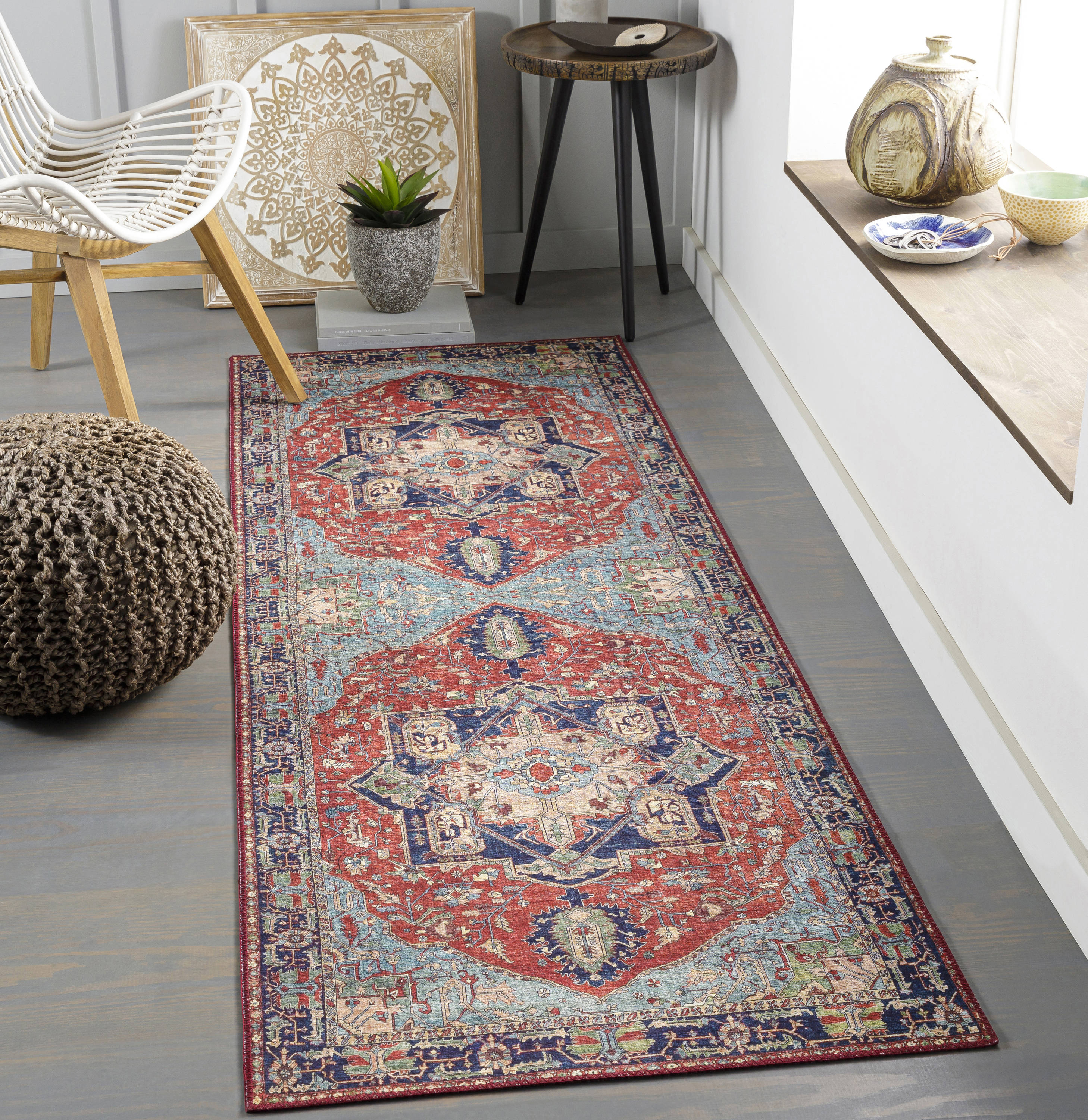 Livabliss IRS2308-2676 Iris 3 x 8 (ft) Polyester Bright Red Rectangular Indoor Medallion Oriental Area rug