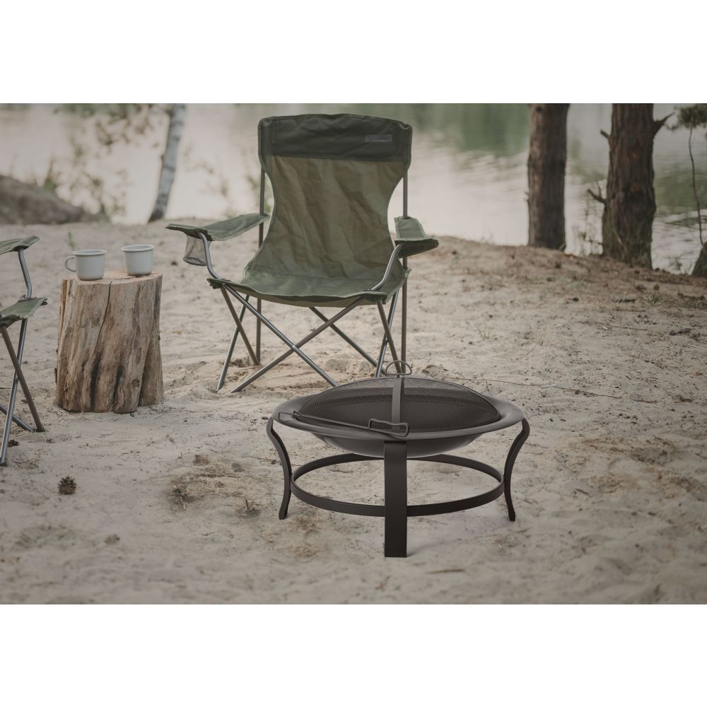 30" Black Steel Wood-Burning Portable Fire Pit with Mesh Lid