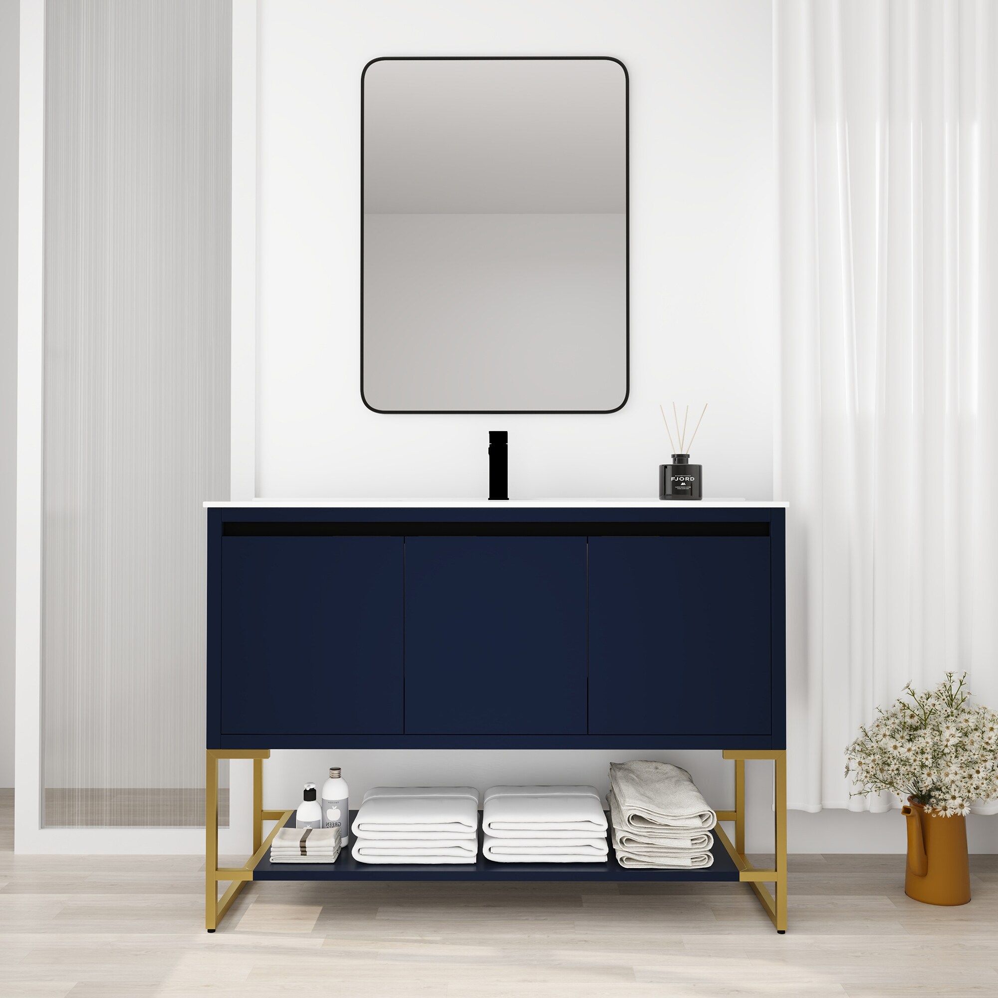 Forclover QNM-0848-CAW Freestanding Soft-Closing 48-in Navy Blue Single Sink Bathroom Vanity with White Ceramic Top