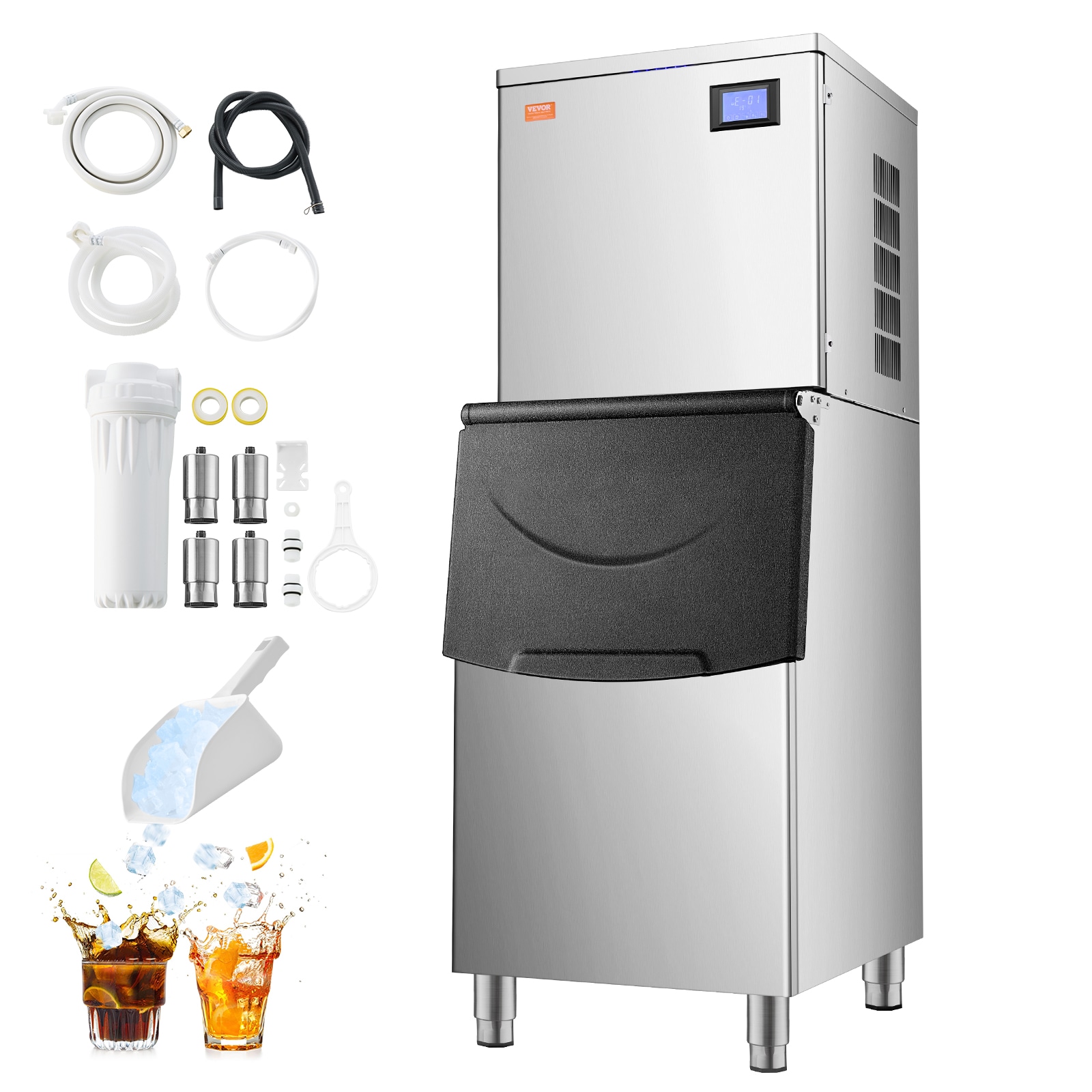 VEVOR ZBJLB-400T-ZH0001V1 250 LBS Storage Ice Maker 550-lb Ice Per day Freestanding Cubed Ice Maker ( Stainless Steel+PE Plastic )