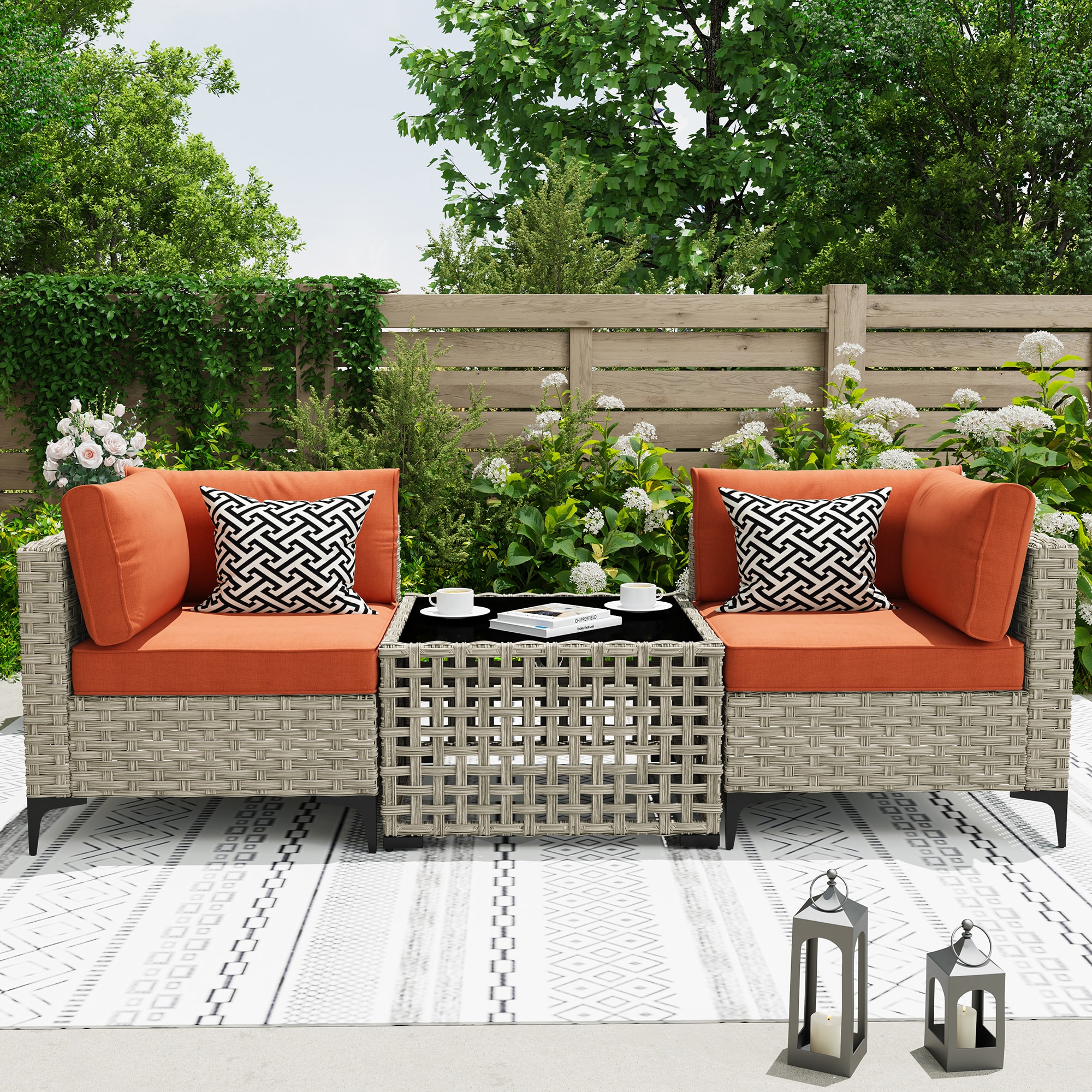 Caodoc L5-VNC80C-3-1 SKT Rattan Outdoor Sectional with Orange Cushions and Wicker Frame