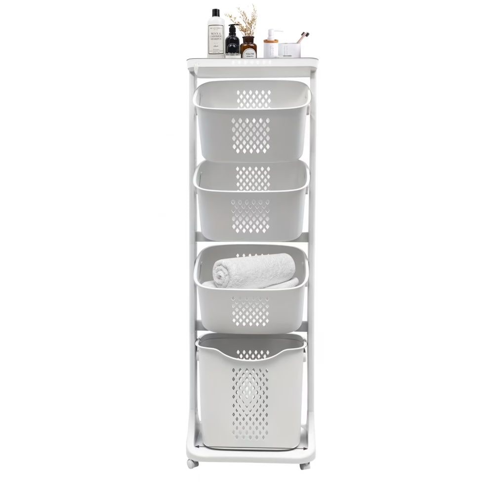 Slickblue White Plastic 4-Compartment Sorter Laundry Hamper with Wheels 4-Tier Rolling Baskets for Bedroom Closet and Laundry Room