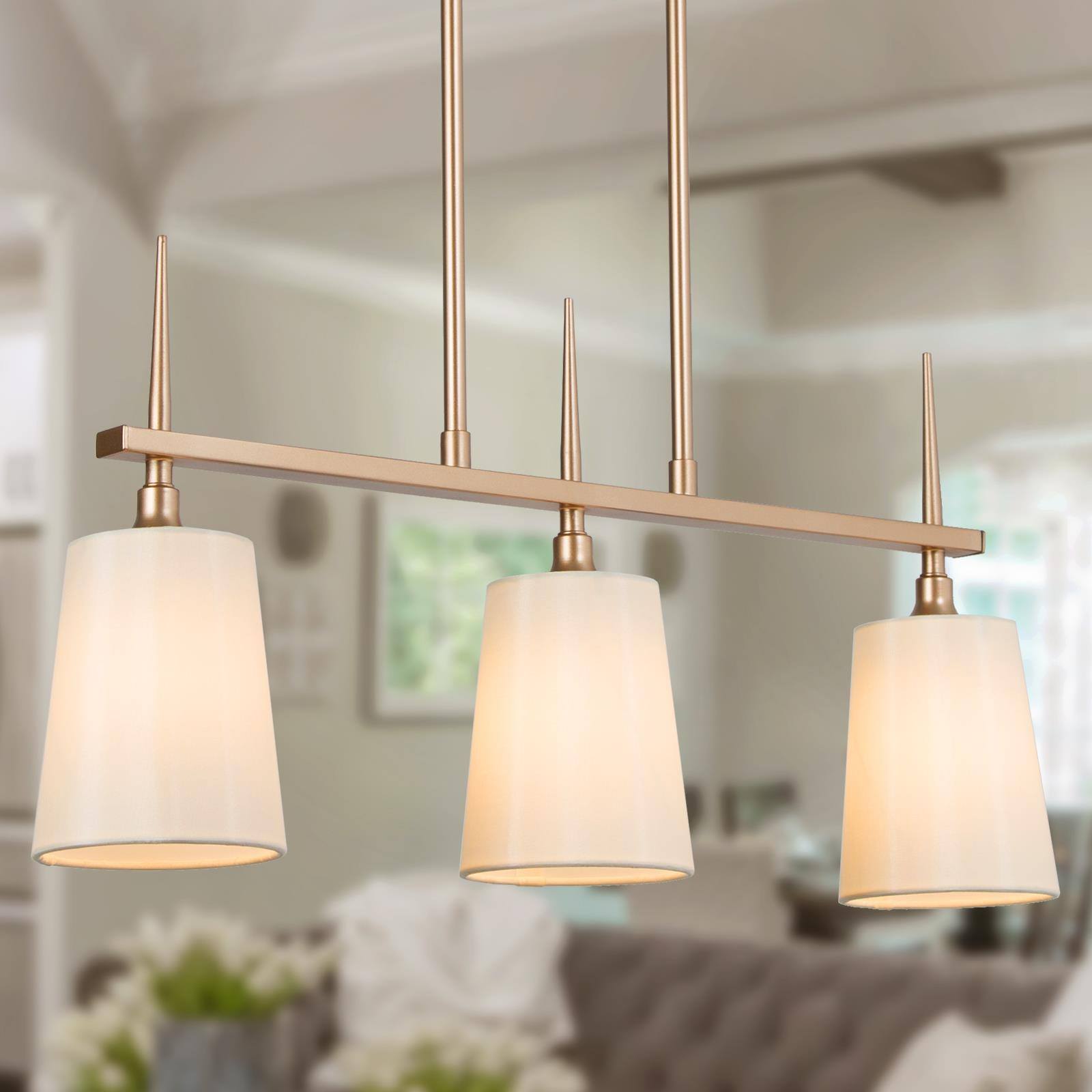 LNC AQEQEVLWS4035H7 Trend 3 -Light Matte Gold and White Fabric Shade Modern/contemporary Linear Large Hanging Kitchen island light