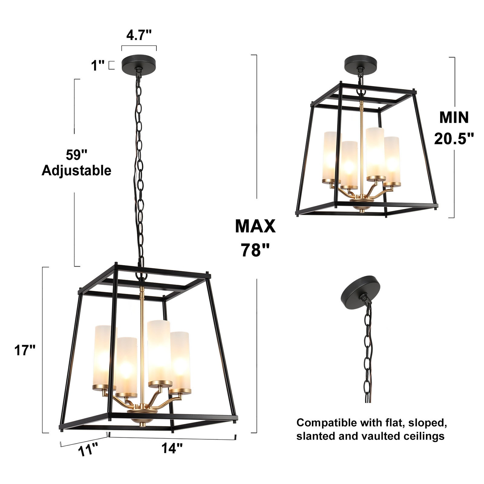 ZEVNI Gaza 4-Light Matte Farmhouse Black/Gold Glass Lantern Traditional ...