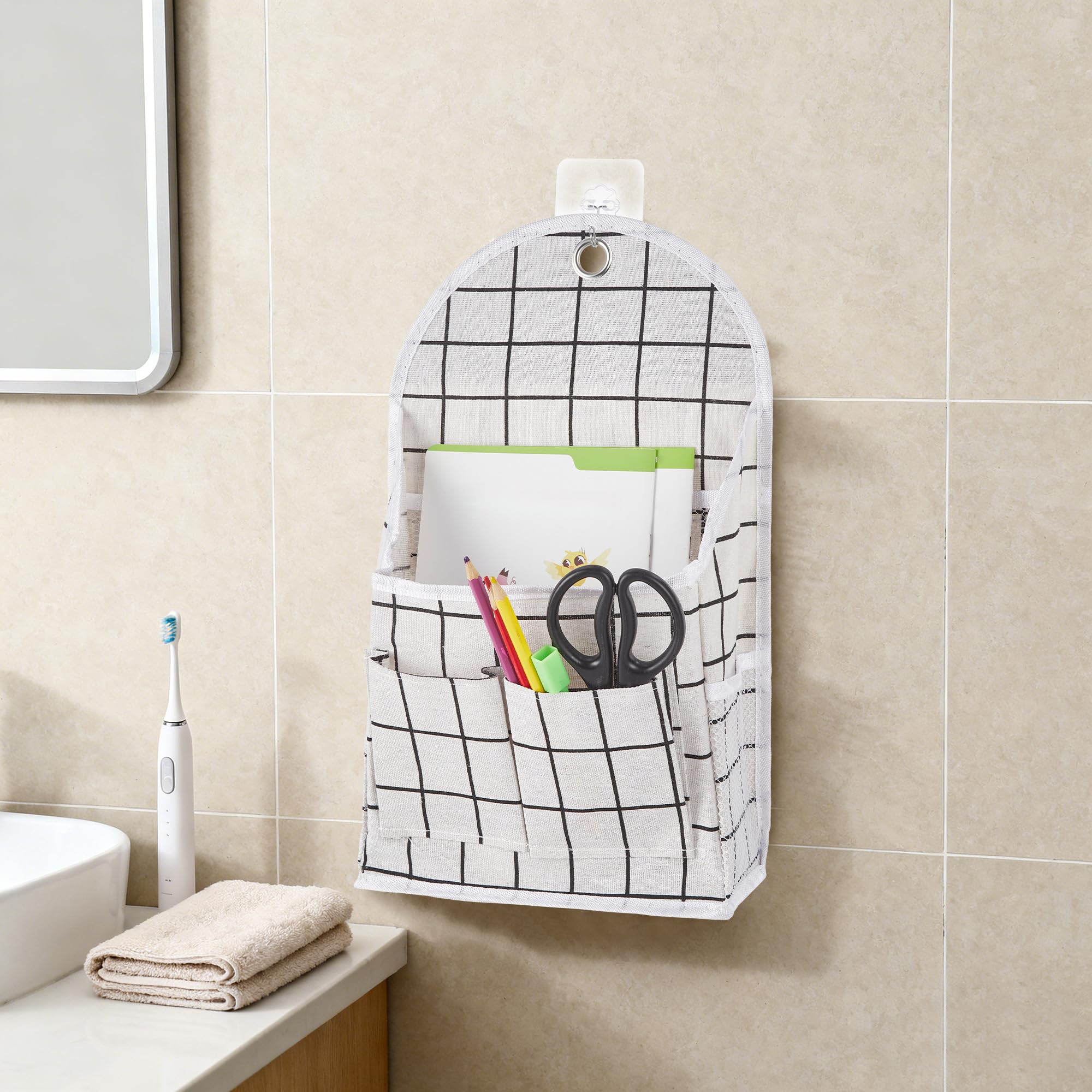 Garvee 2 Pack Wall Hanging Storage Organizer Cotton Linen Hanging Pocket Bag White Plaid Over The Door Storage Bag for Bedroom Bathroom Closet