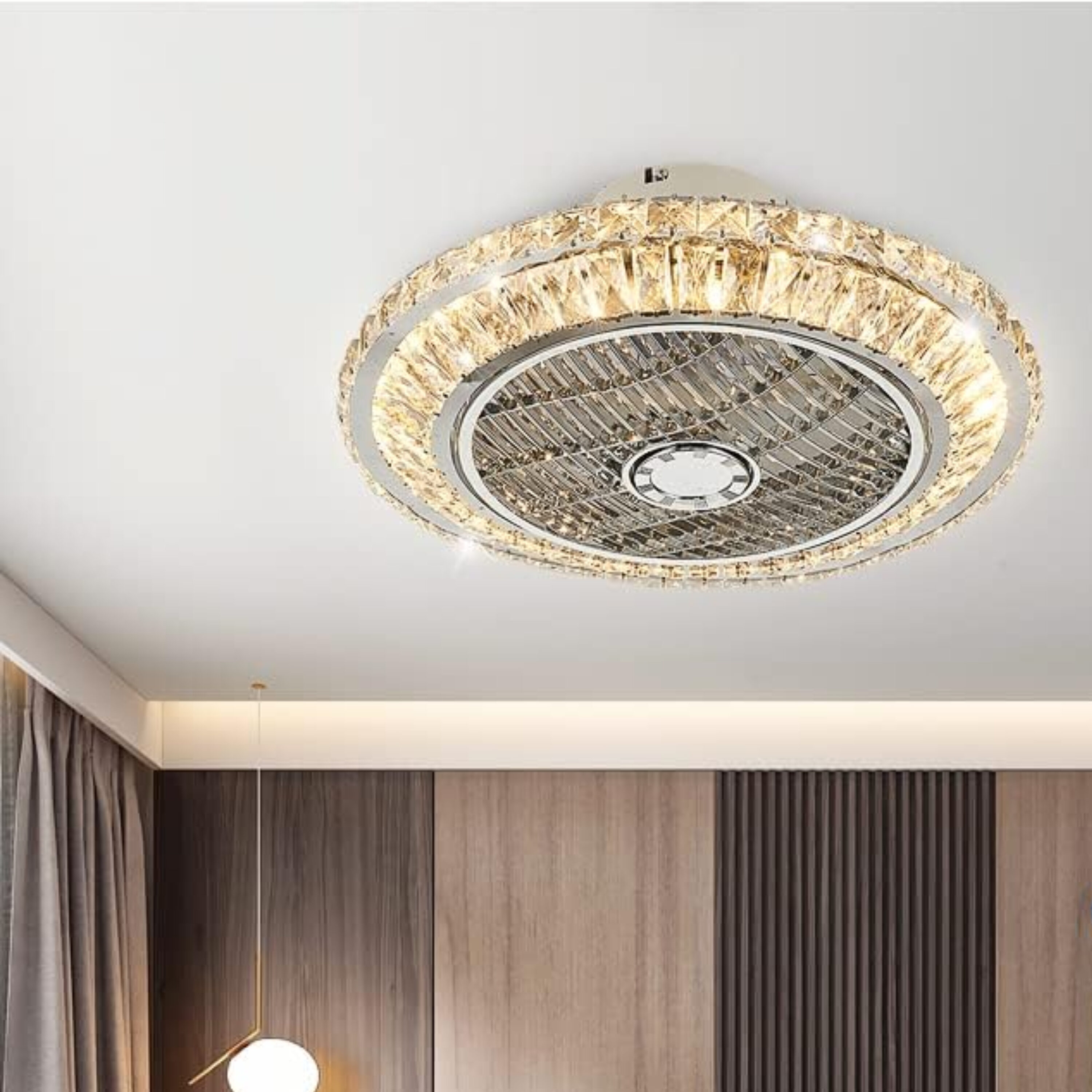 Oukaning KBUCZ5-372US 20-in Color-Changing Integrated LED Flush Mount Silver Double Layer Stereo Crystal Timing with ABS Blades Fandelier Ceiling Fan With Light - Remote Included ( 5 -Blade )