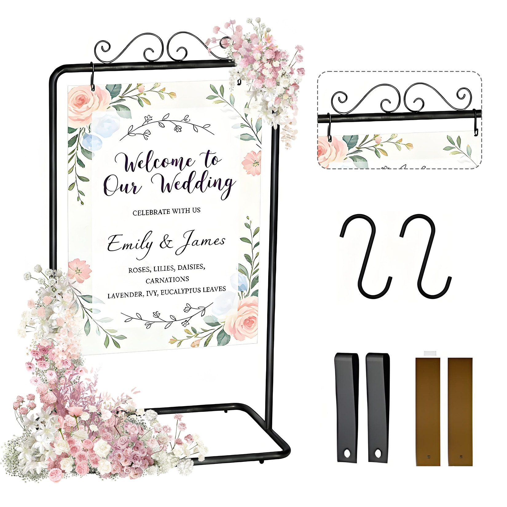 Garvee Adjustable Welcome Sign Stand 54/69 Inch Metal Sign Holder with Leather Straps for Wedding Sturdy Floor Poster Display Stand Sign Holder for Party Guest Book Weather Resistant