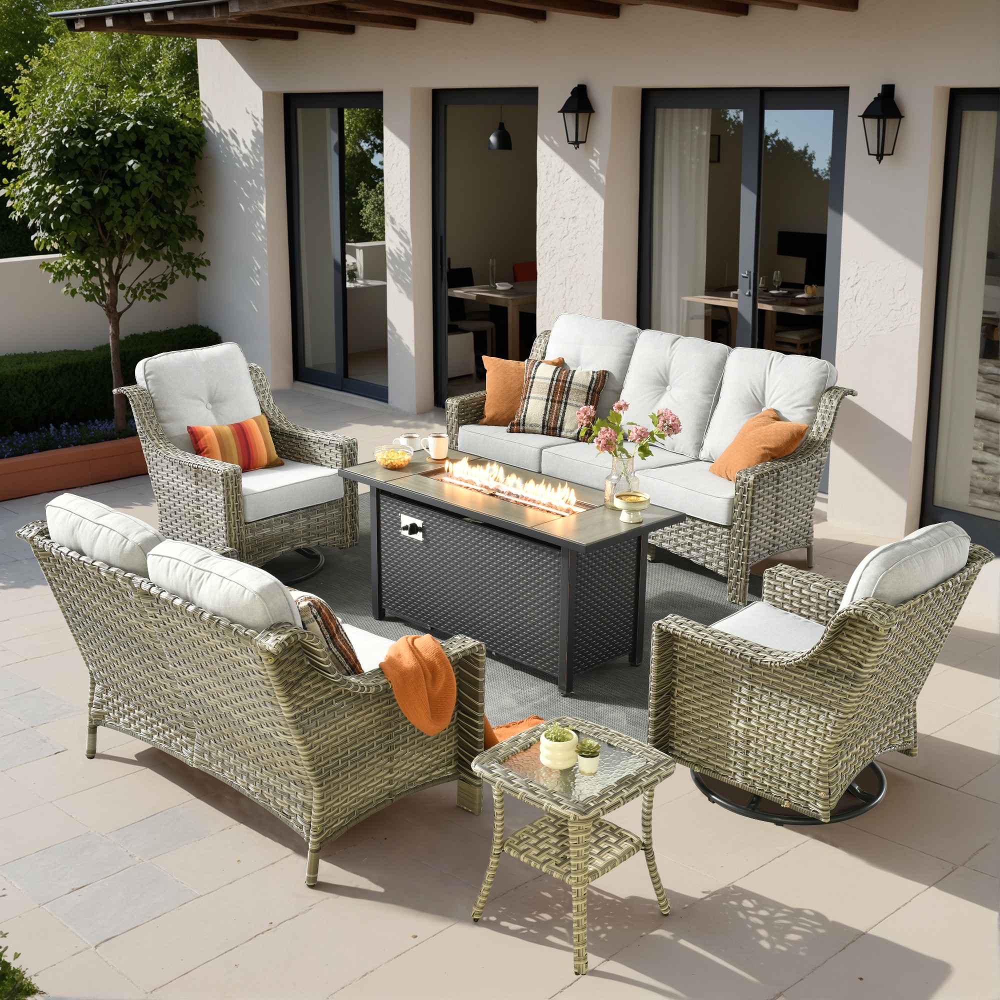 Pouuin SDYZPAD406 6 -Piece Wicker Patio Sofa Conversation Set with Light Gray Cushions