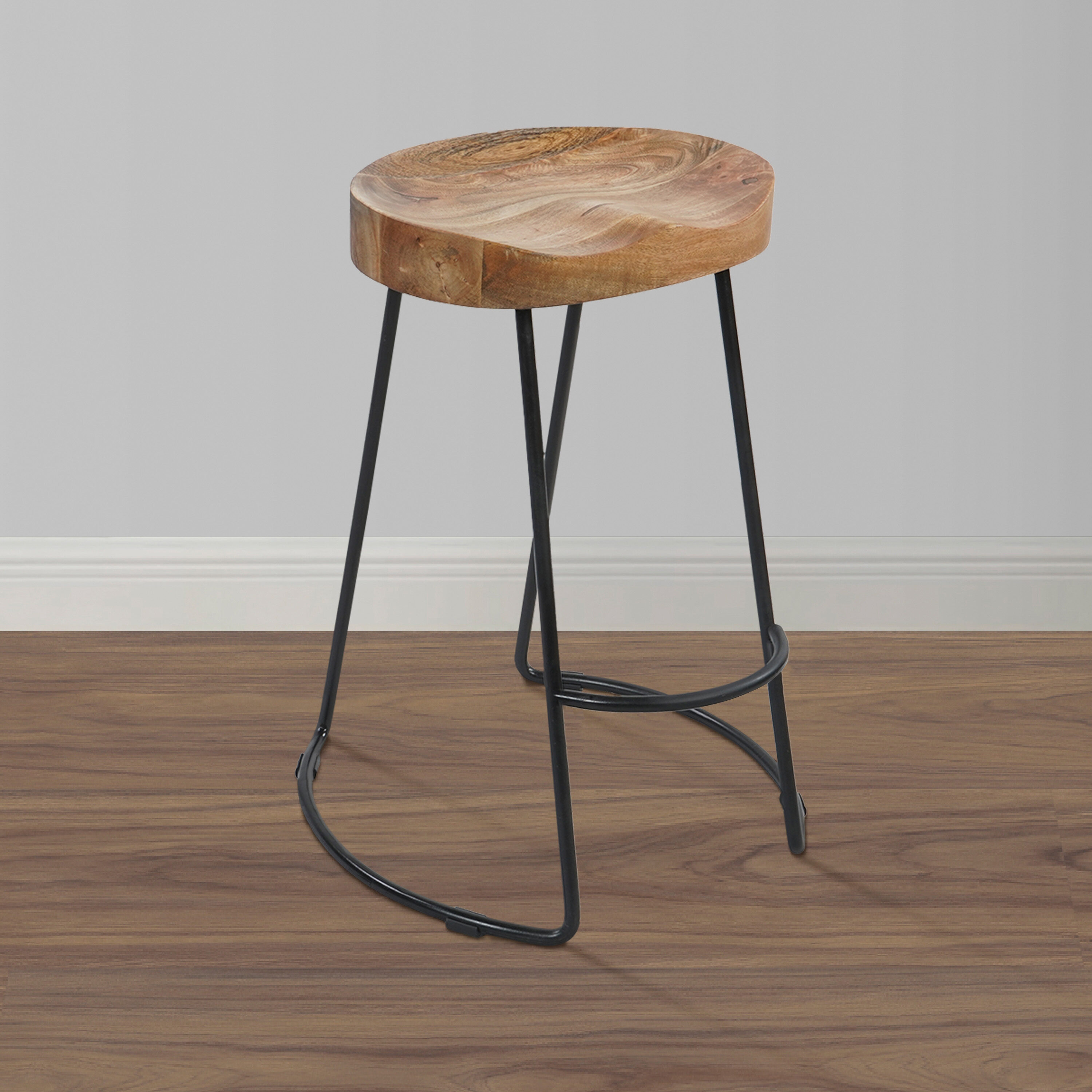 24" Brown and Black Wood Saddle Bar Stool with Metal Legs