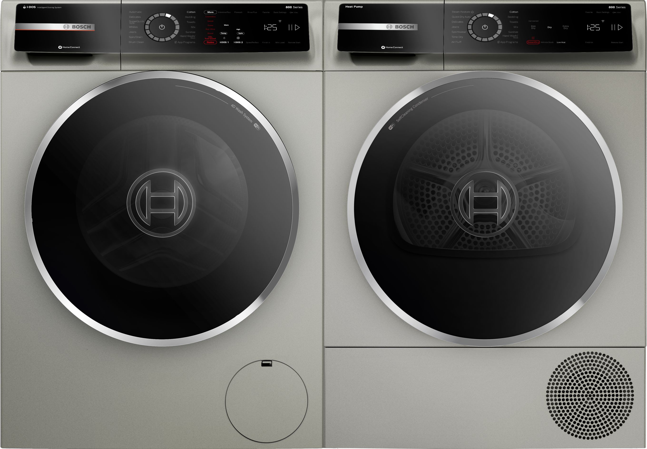 Bosch  800 Series Stackable Front Load Washer & Ventless Electric Dryer Set in Pearl Steel