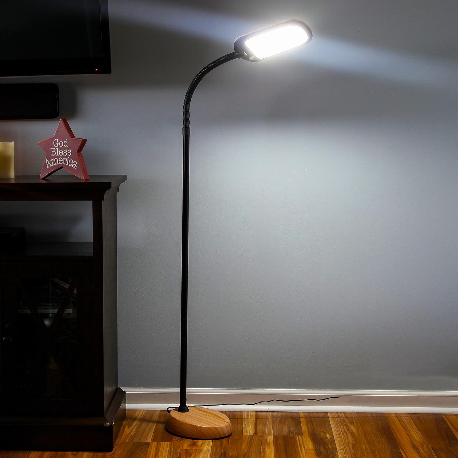 Adjustable Black and Wood LED Floor Lamp with 3-Way Switch