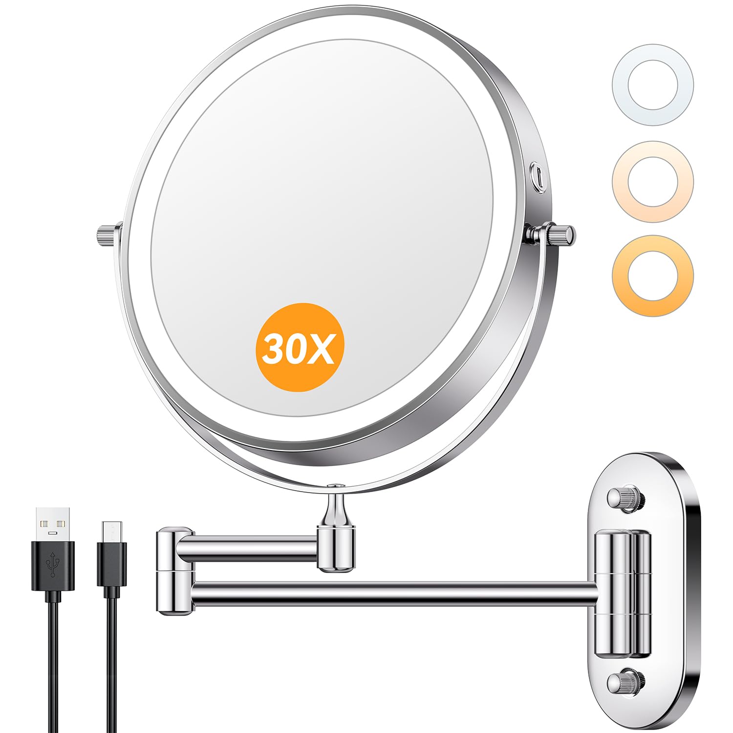 Lukvuzo  Wall Mounted Makeup Mirror with Light 8 Inch Double Sided 1X 30X Magnification Dimmable LED 3 Color Touch Vanity Mirror 360 Degree