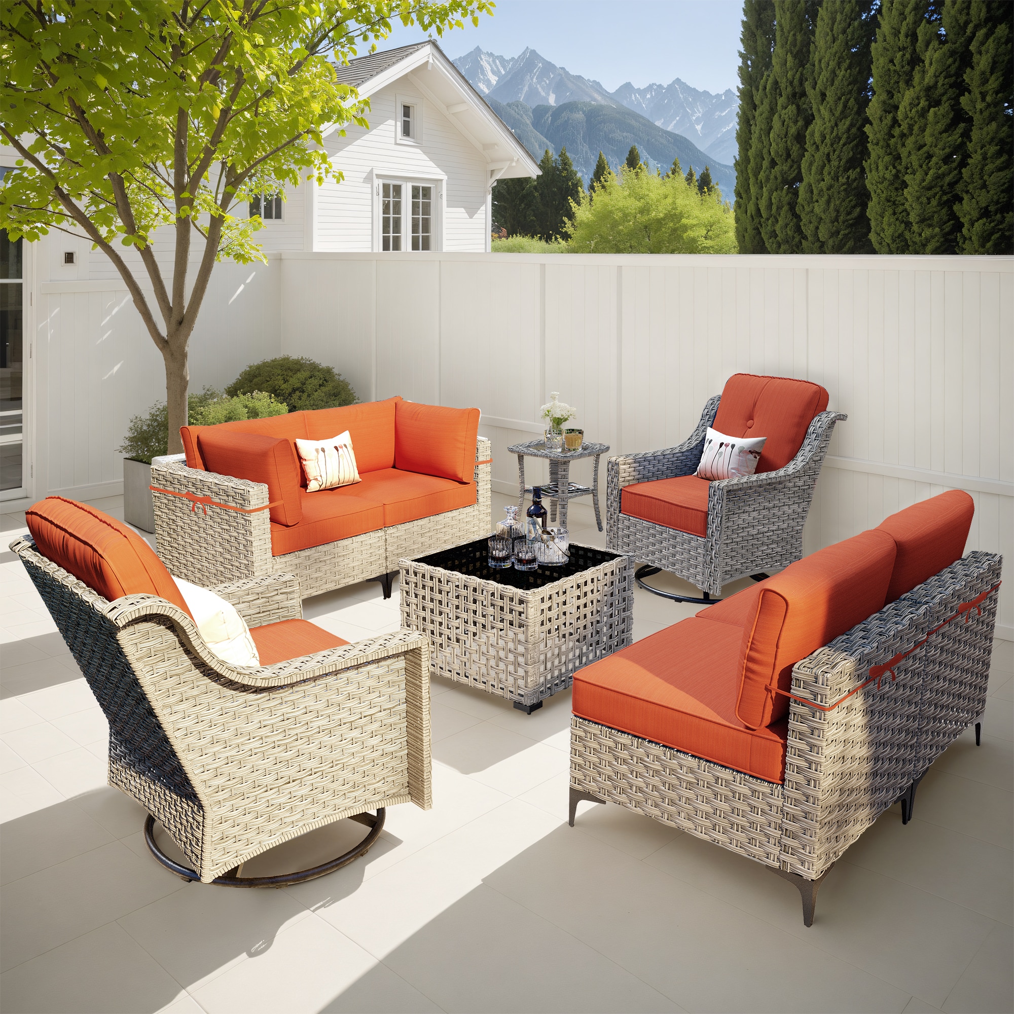 Pouuin SYZKT805 5 -Piece Wicker Patio Conversation Set with Orange Cushions