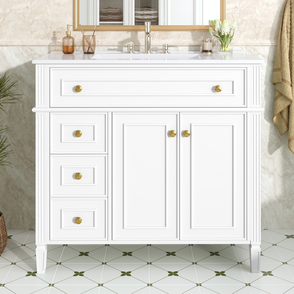 JUJABU White 36 Inch Bathroom Vanity with 3 Drawers and 2 Soft-Close Doors for Bathroom