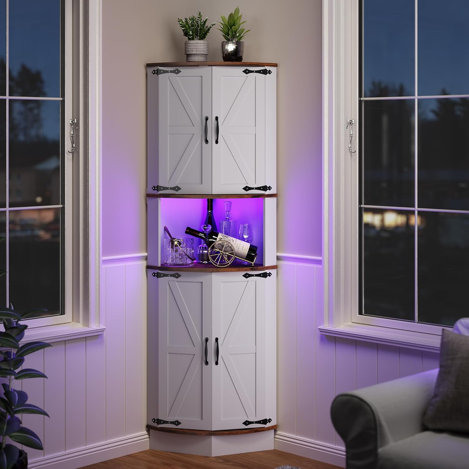 Garvee 65 inches Farmhouse Corner Cabinet Freestanding Display Storage Cabinet with Barn Door 5 Tier Shelves Space Organizer for Living Room Bar Kitchen Bathroom Brown