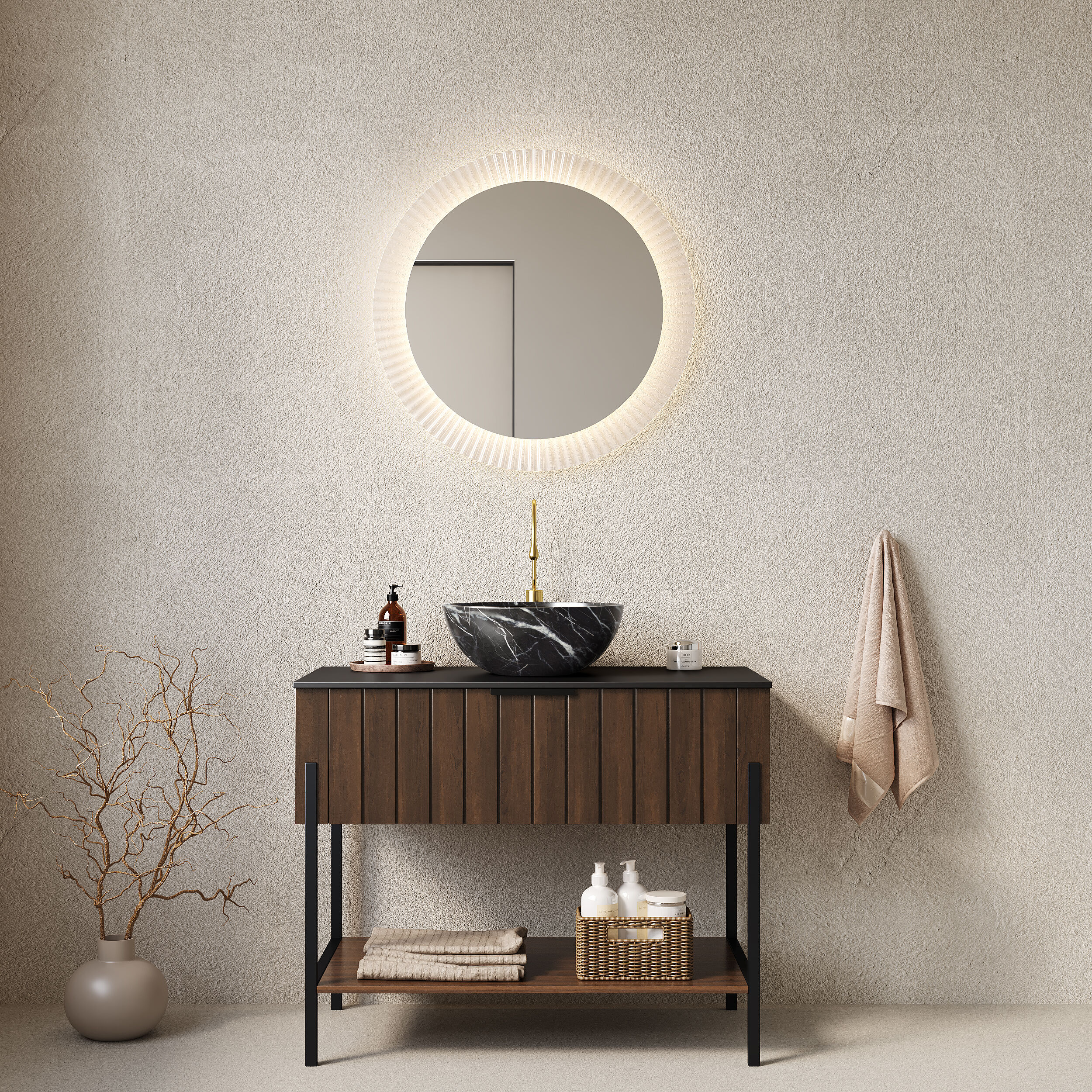 Tatayosi RY-15S00212 36 inches Bathroom Vanity with Sink Freestanding Striped Bathroom Storage Cabinet with One Drawer and Shelf Black Bowl Ceramic Basin with Stone Pattern Pre-assembled Dark Walnut Woodgrain Color