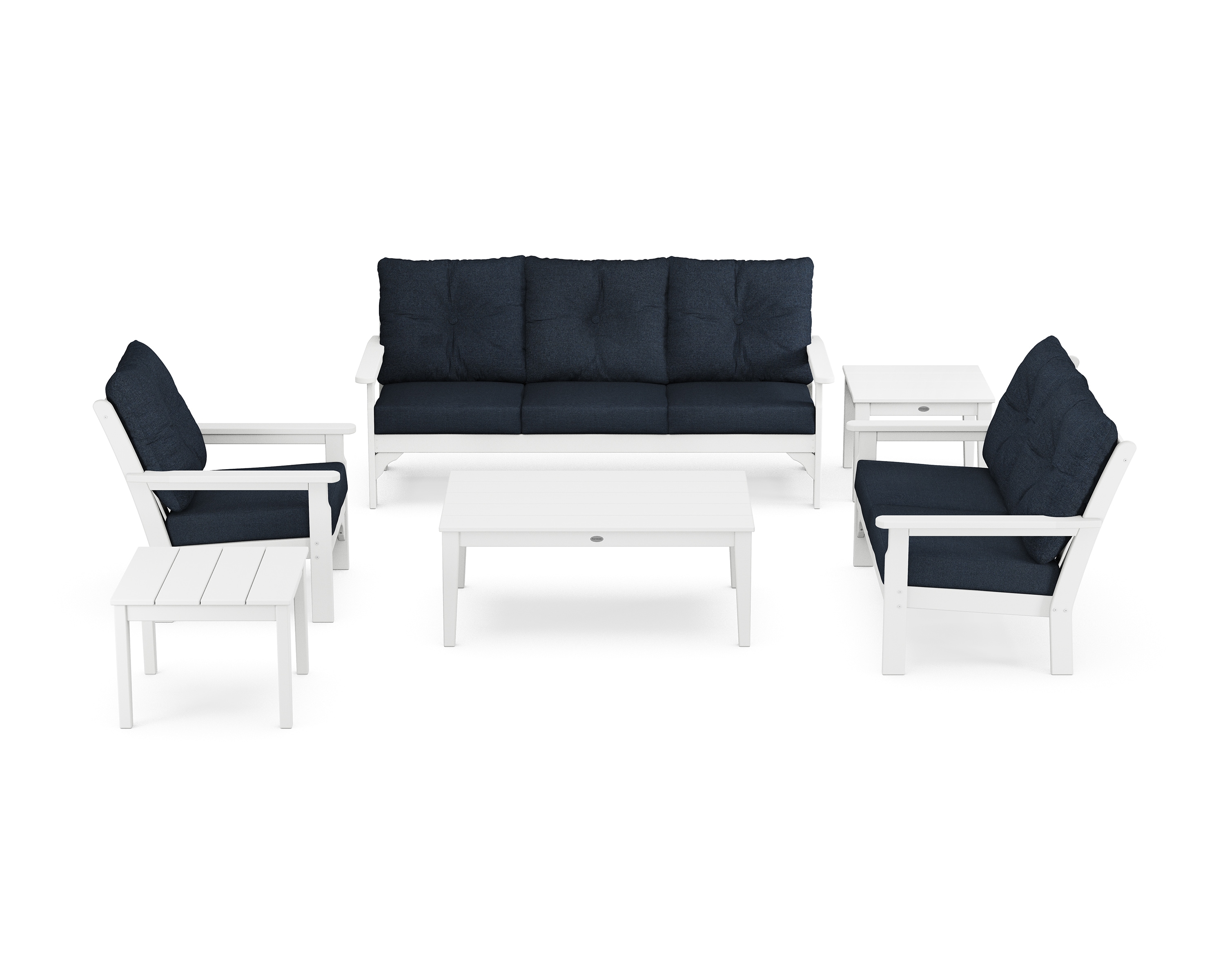 POLYWOOD PWS316-2-WH145991 Vineyard 6 -Piece Patio Sofa Conversation Set with Navy Revolution Cushions