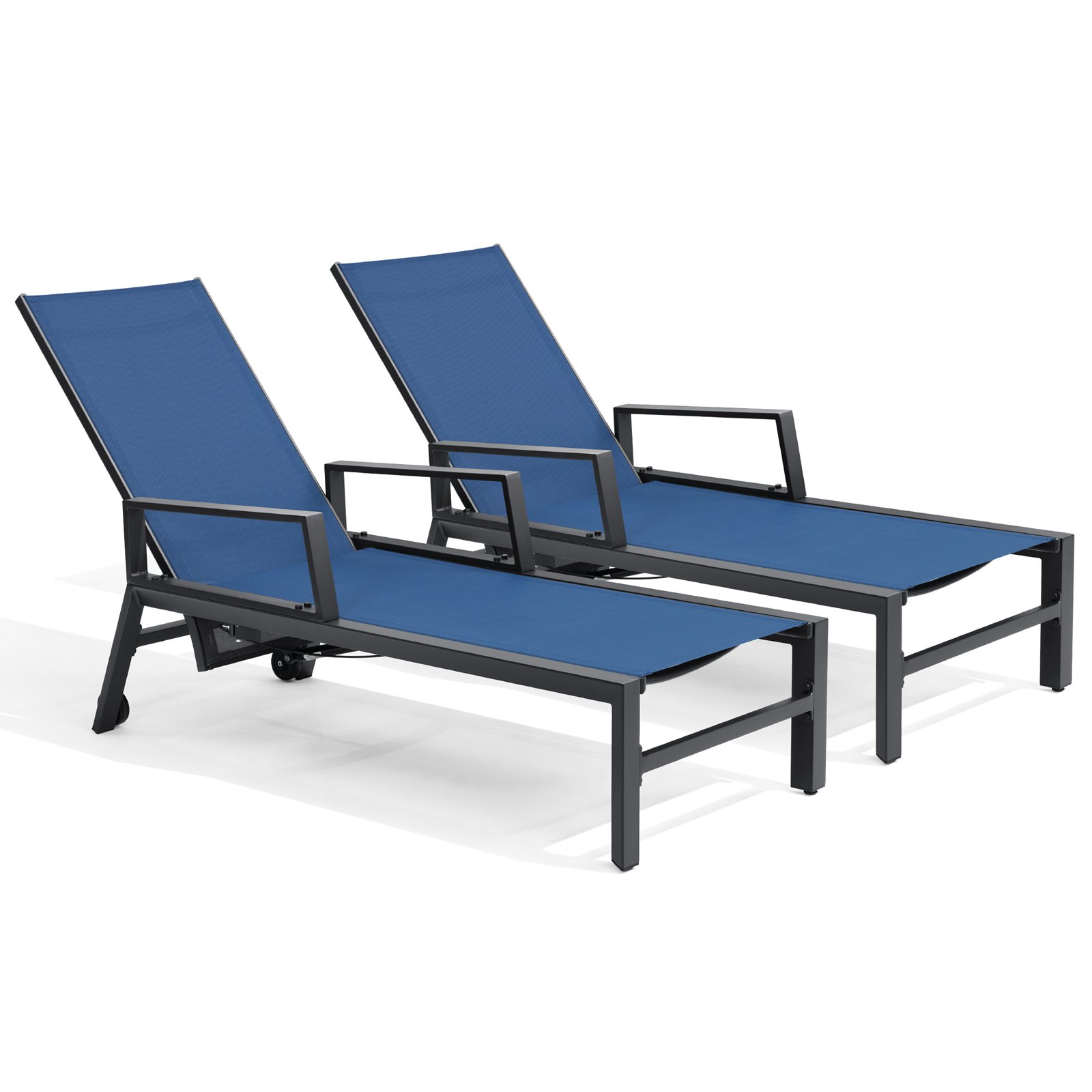 Crestlive Products CL-LG002BRN-2-N1 Adjustable Chaise Lounge Chair Set of 2 Black Aluminum Frame Stationary Chaise Lounge Chair with Blue Texteline Mesh Seat