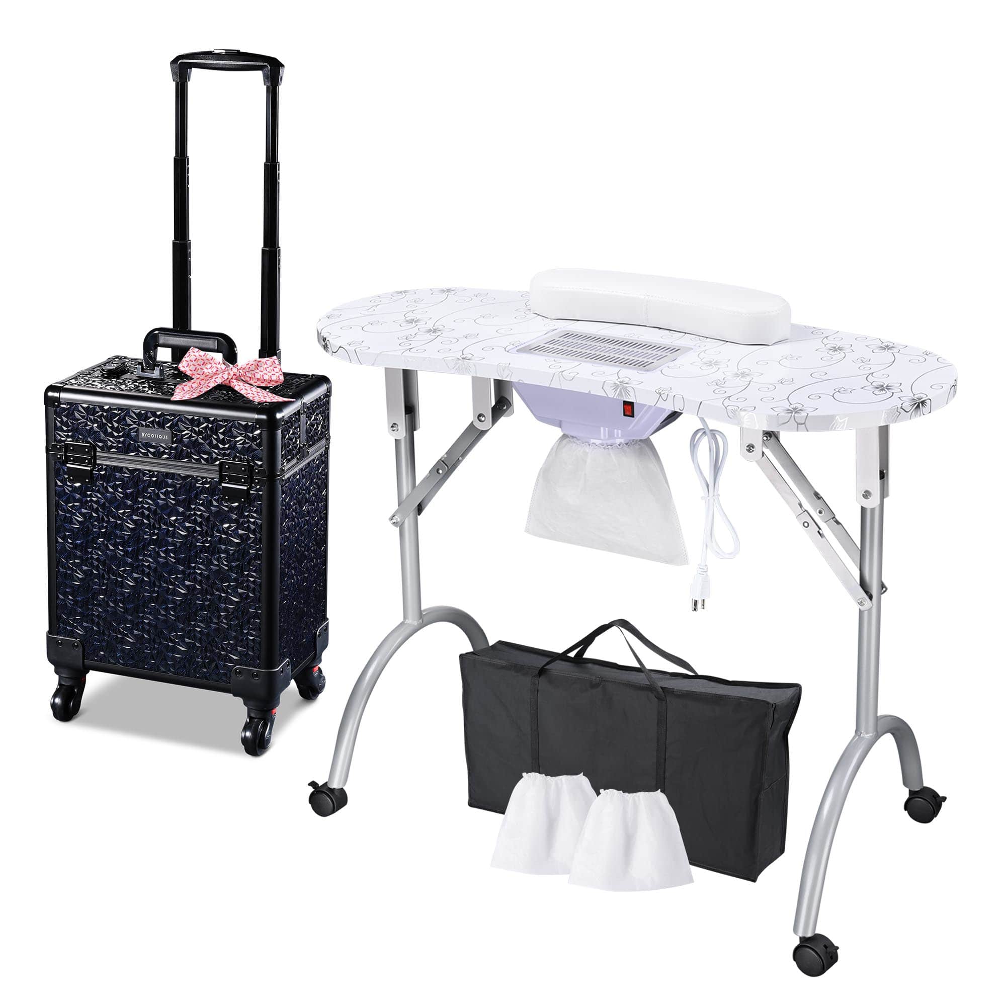 Yescom 12NATSET002-MSB-7-LO Byootique Manicure Table Nail Desk and Rolling Makeup Train Case Kit Salon Mermaid