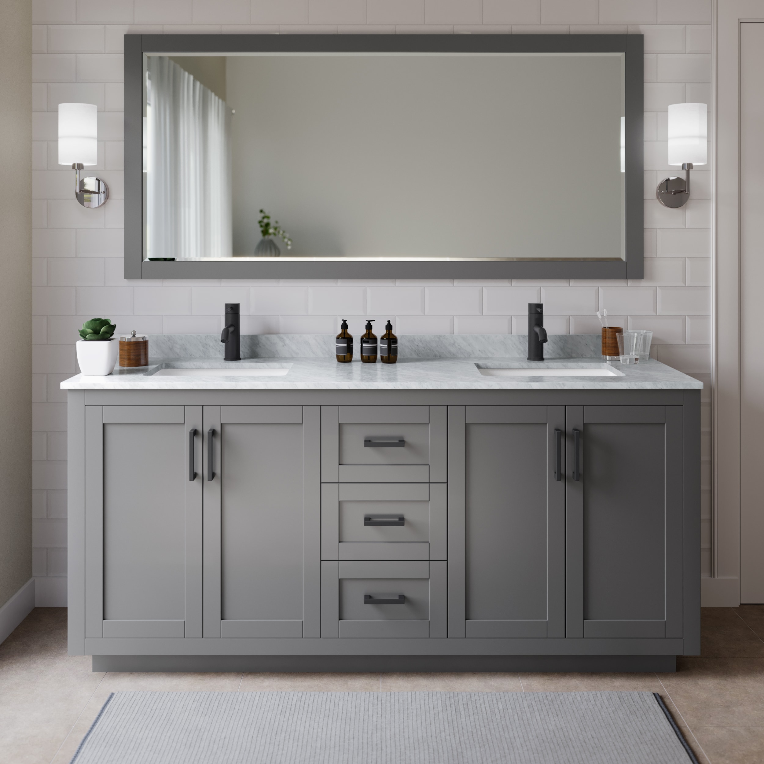 Wyndham Collection WCF292972DGBCMUNSMXX Miranda 72-in Dark Gray with Matte Black Trim Undermount Double sink Bathroom Vanity with White Carrara Marble Marble Top