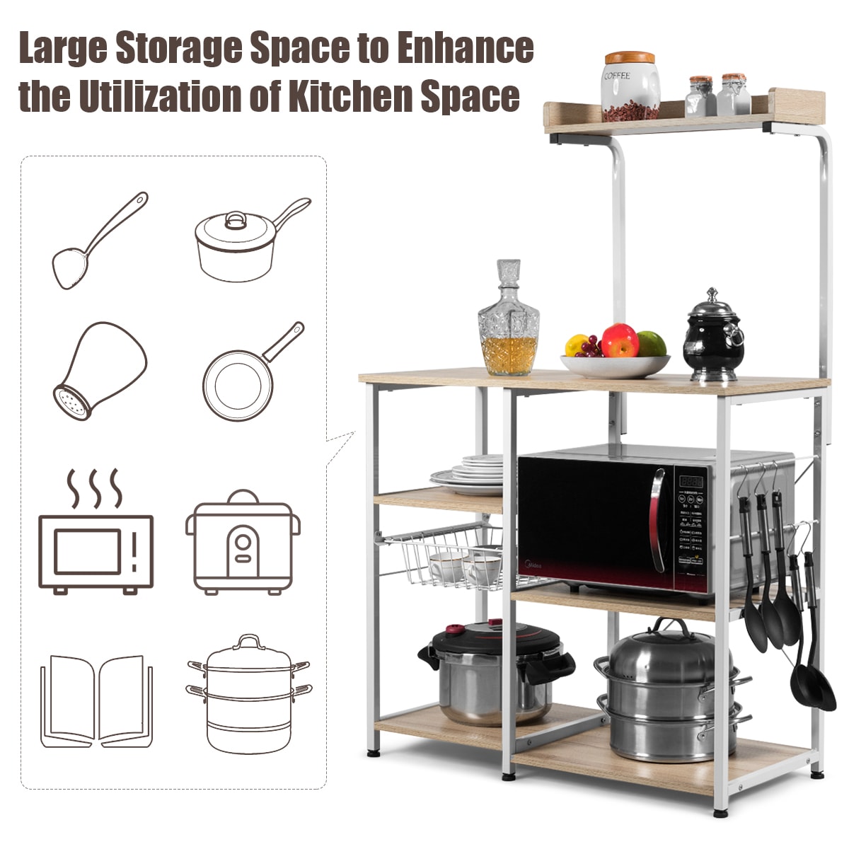 VINGLI Bakers Racks for Kitchens with Storage Mini Fridge Stand Bar Cabinet  with Mini Fridge Space, Big Drawer, Wine Rack, Metal Frame Industrial