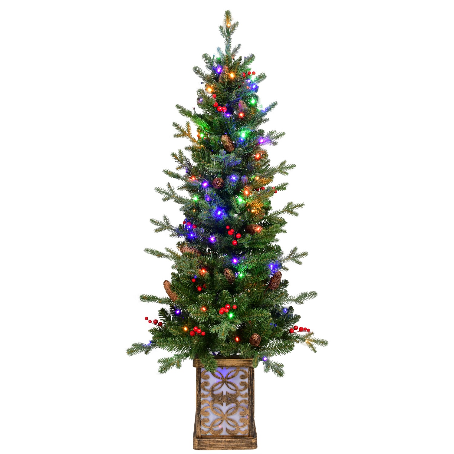 LOVMOR SF-L-T3637P341067 4FT Pre Lit Green Christmas Tree with Glitter Base 100 Multicolor LED Lights 396 Tips Red Berries and Pine Cones PE/PVC Full Branches Festive Light Up Pot