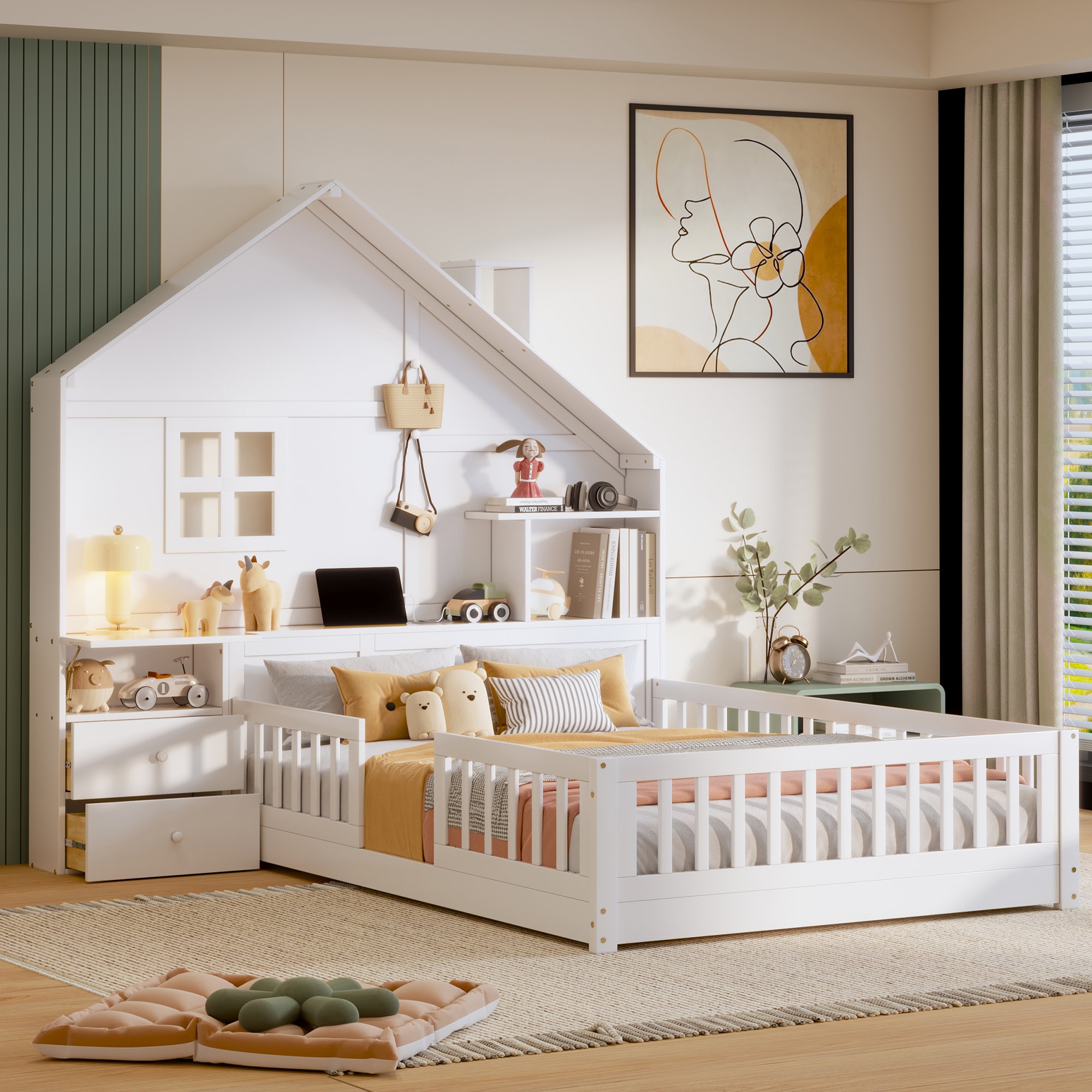 ModernLuxe LT000423AAK-1 Full Size House Bed with Window and Bedside Drawers Platform Bed with Shelves and a set of Sockets and USB Port White