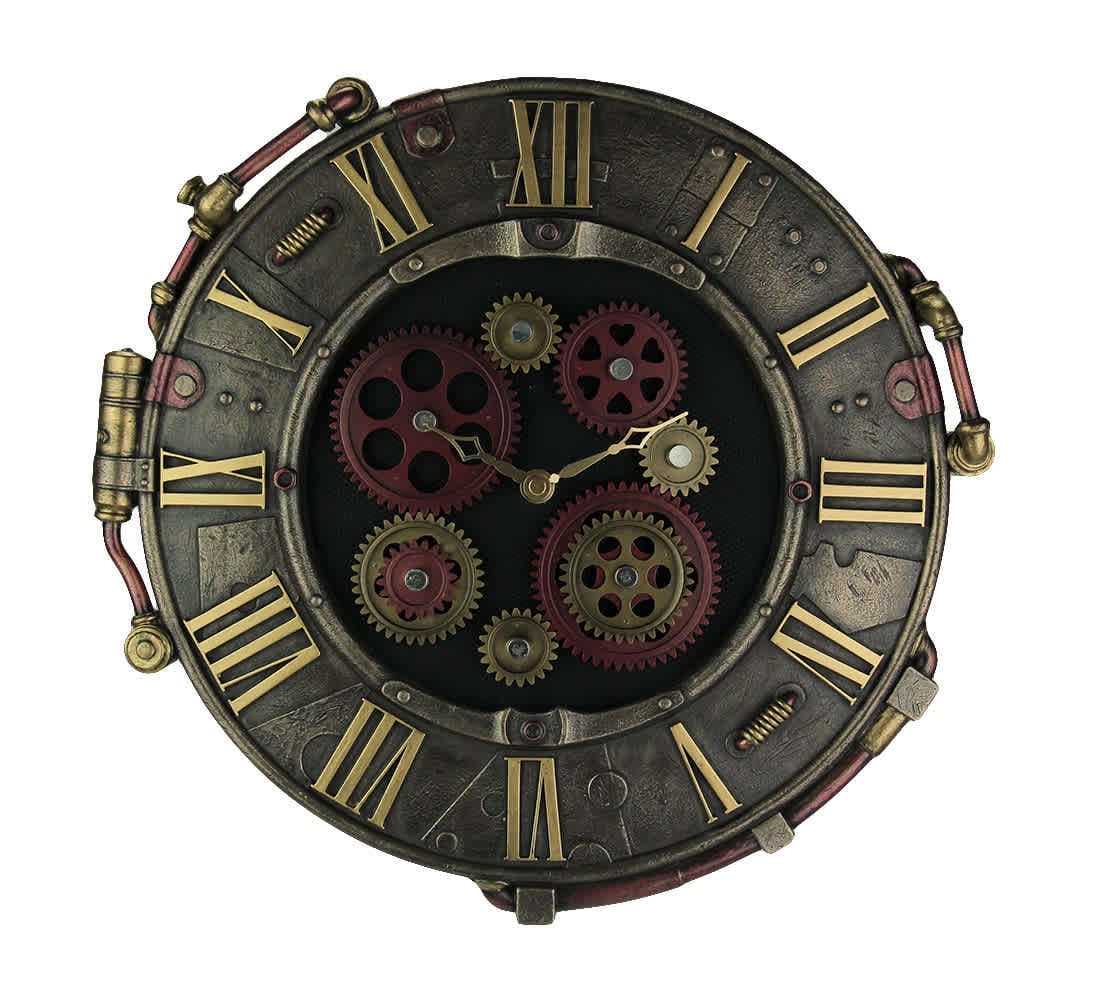 Veronese Design US-WU77228A4 Steampunk Bronze Finish Rivet Plate Wall Clock With Moving Gears