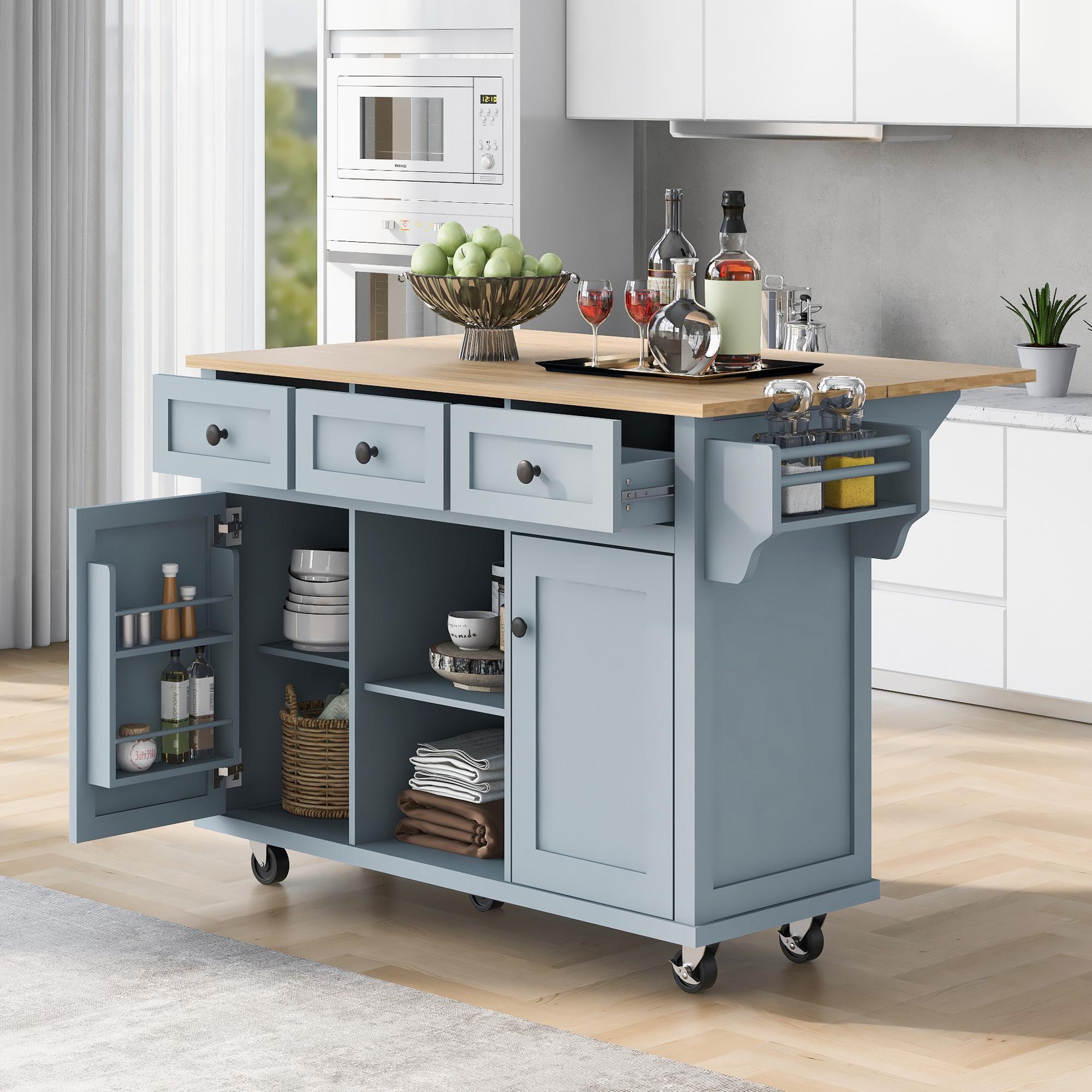 Bayfeve Grey Blue Kitchen Cart with Rubber wood Drop-Leaf Countertop ,Cabinet door internal storage racks,Kitchen Island on 5 Wheels with Storage Cabinet and 3 Drawers for Dinning Room