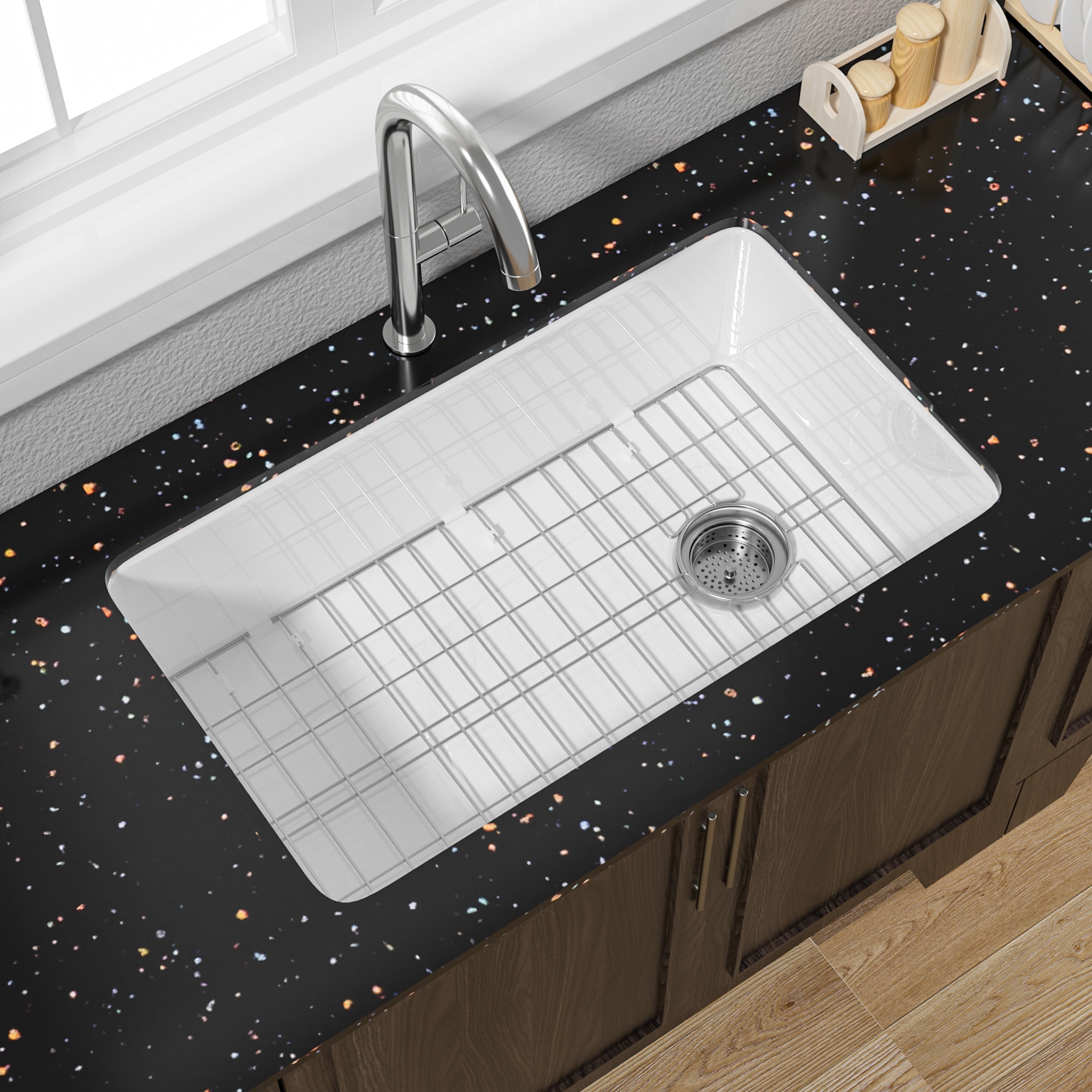 Miuara  32 In White Fireclay Dual Mount Kitchen Sink Single Bowl With Offset Drain Grid and Strainer Included