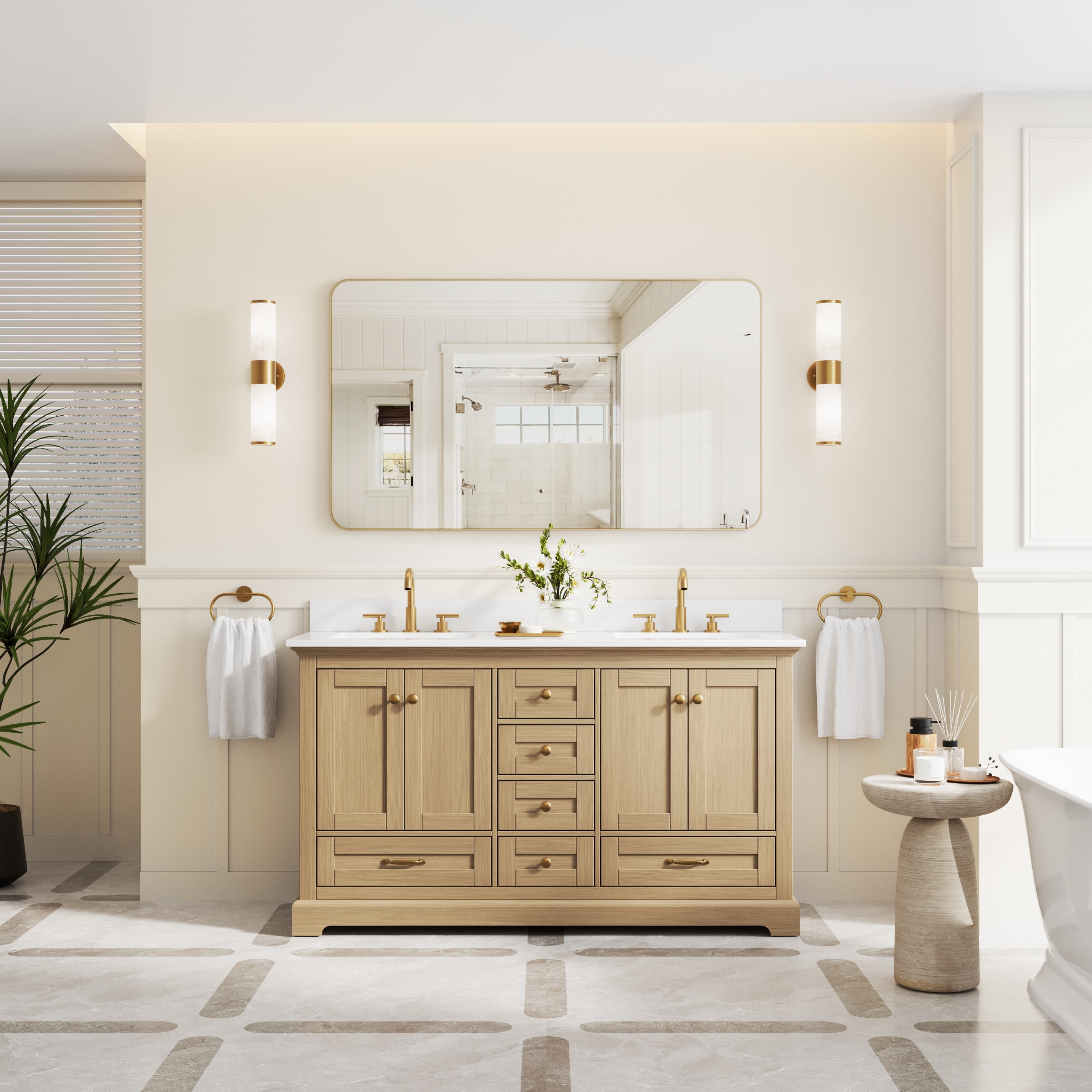 WELLFOR YC Solid Wood 60-in Oak Undermount Double Sink Bathroom Vanity with White Cultured Marble Top (Fully Assembled)