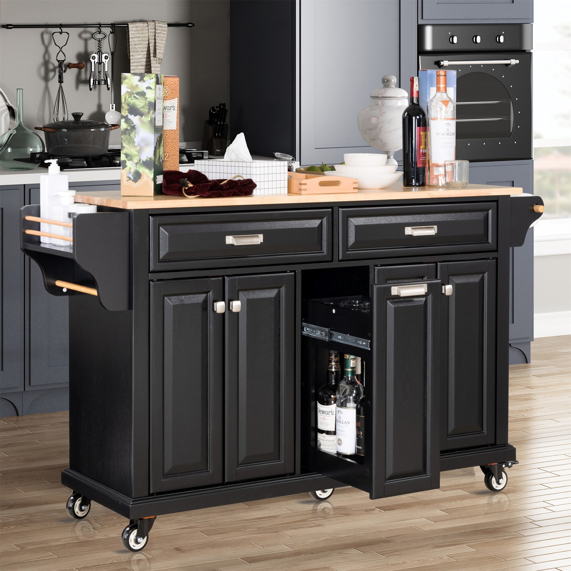BABOOM Black Wood Base with Wood Top Rolling Kitchen Island (18.13-in x 60.5-in x 36.75-in)