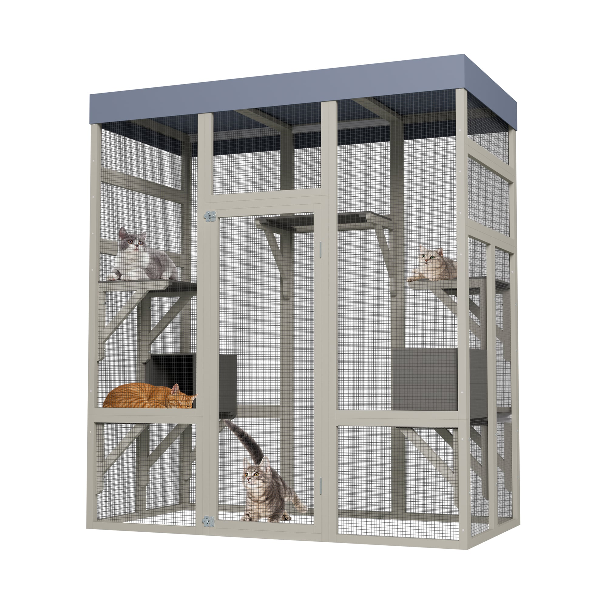 Tatayosi T2-3P347136 Gray Wooden Catio Outdoor Pet Enclosure with Waterproof Top Spacious and Secure Cat House Small Animal Cage Black Rust-proof Metal Wire