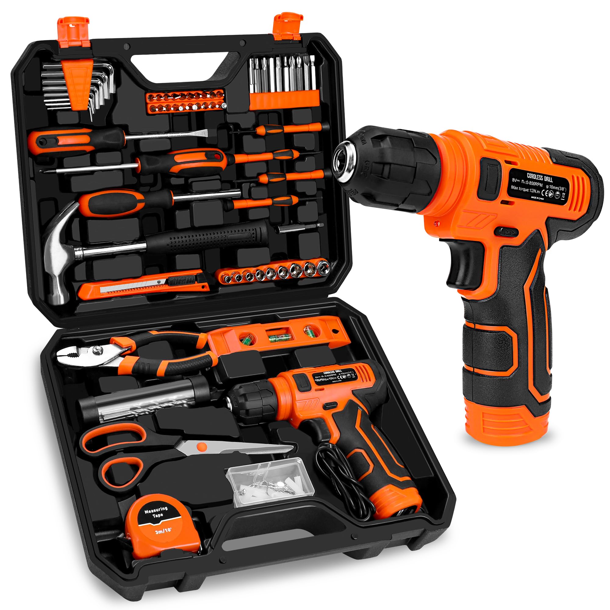 Etokfoks EFT1004J17 139-Piece Tool Set with 8V Cordless Drill Driver in ToolBox Storage Case for Home Repairs Handyman DIY Projects