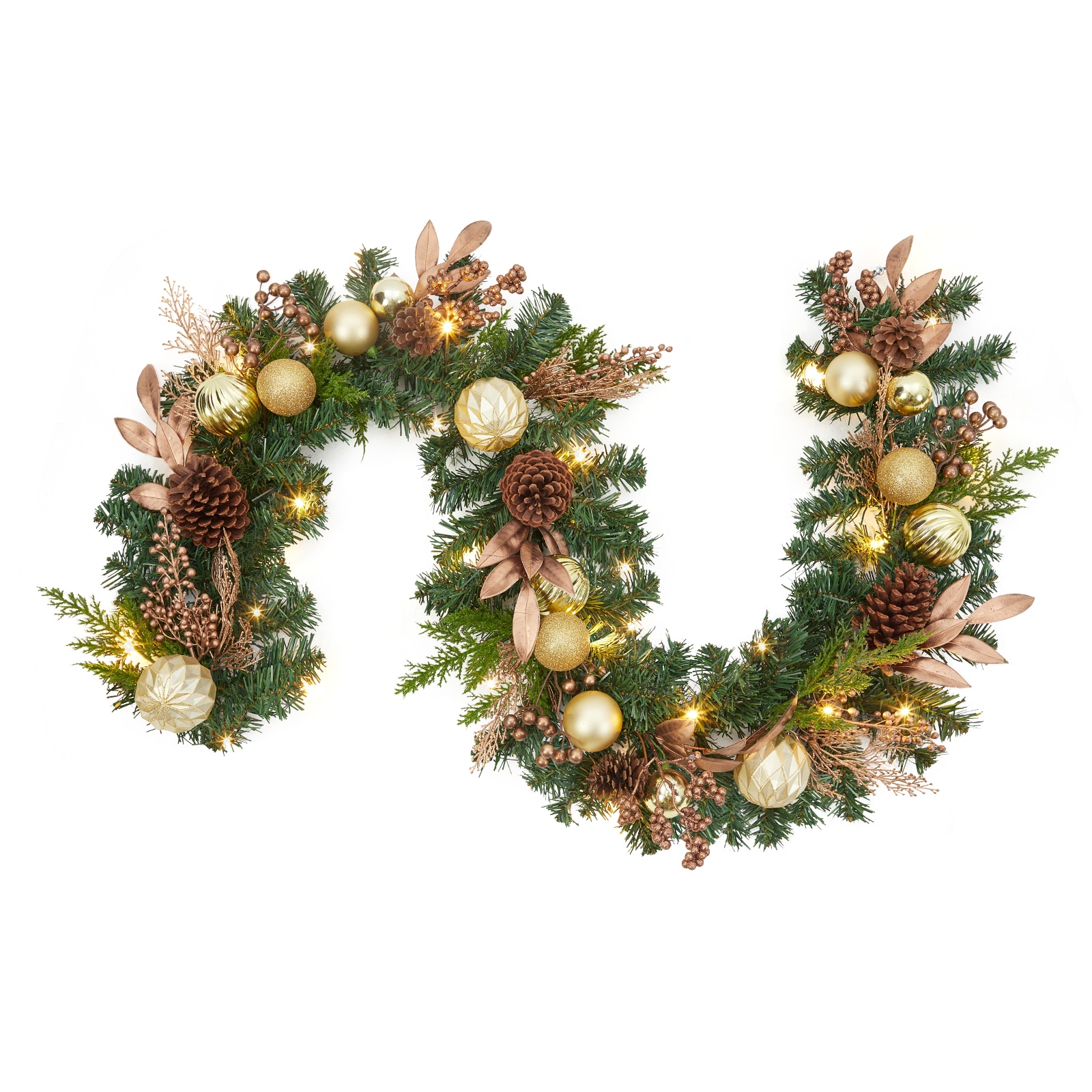 Aoile Pre-Lit Christmas Garland 6 Ft Artificial Christmas Garland with Lights Battery Operated Xmas Garland with Pine Cones Berries Gold Balls for Stairs Fireplace Front Door Gold