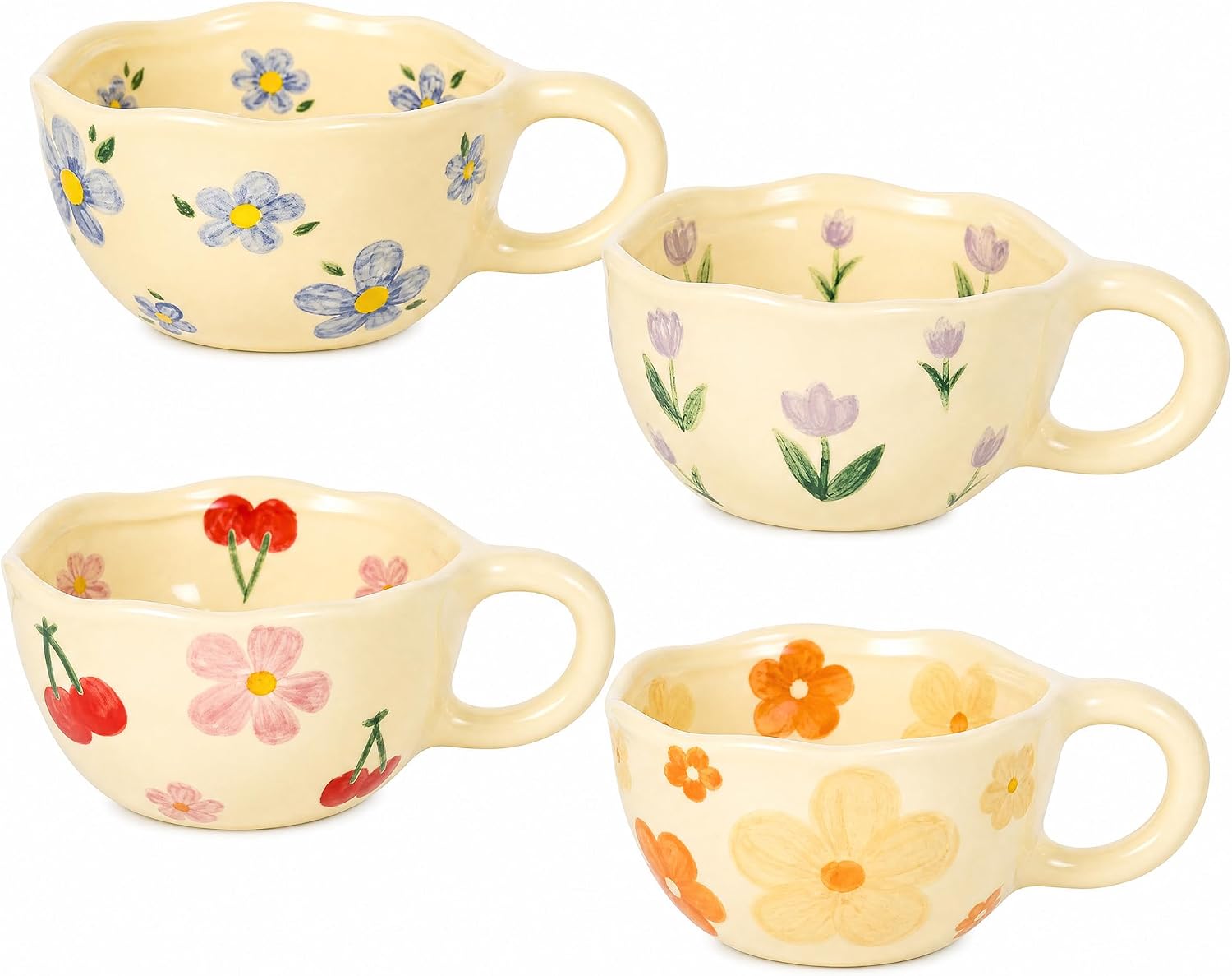 GAOMON 4 Pack Hand-Painted Floral Ceramic Coffee Mugs - Wavy Rim Tea Cups with Large Handles - 4.3 inch Top Diameter - Microwave Dishwasher Safe for Coffee - Tea Cocoa