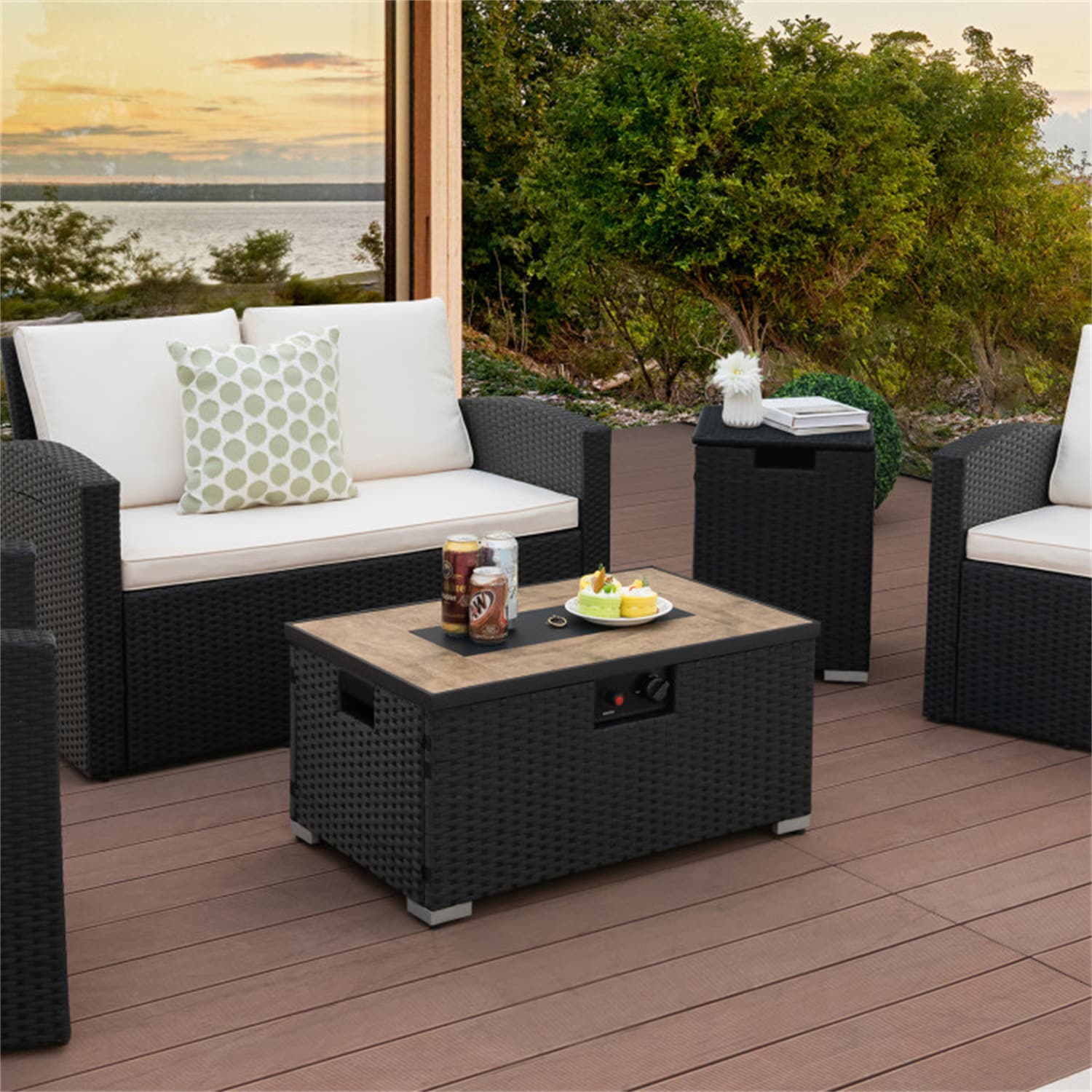 Rattan Fire Pit Table Set 32-in W Black Portable Wicker Rectangle Tabletop Propane Gas Fire Pit Table | - BABOOM BOM-261CF-CO