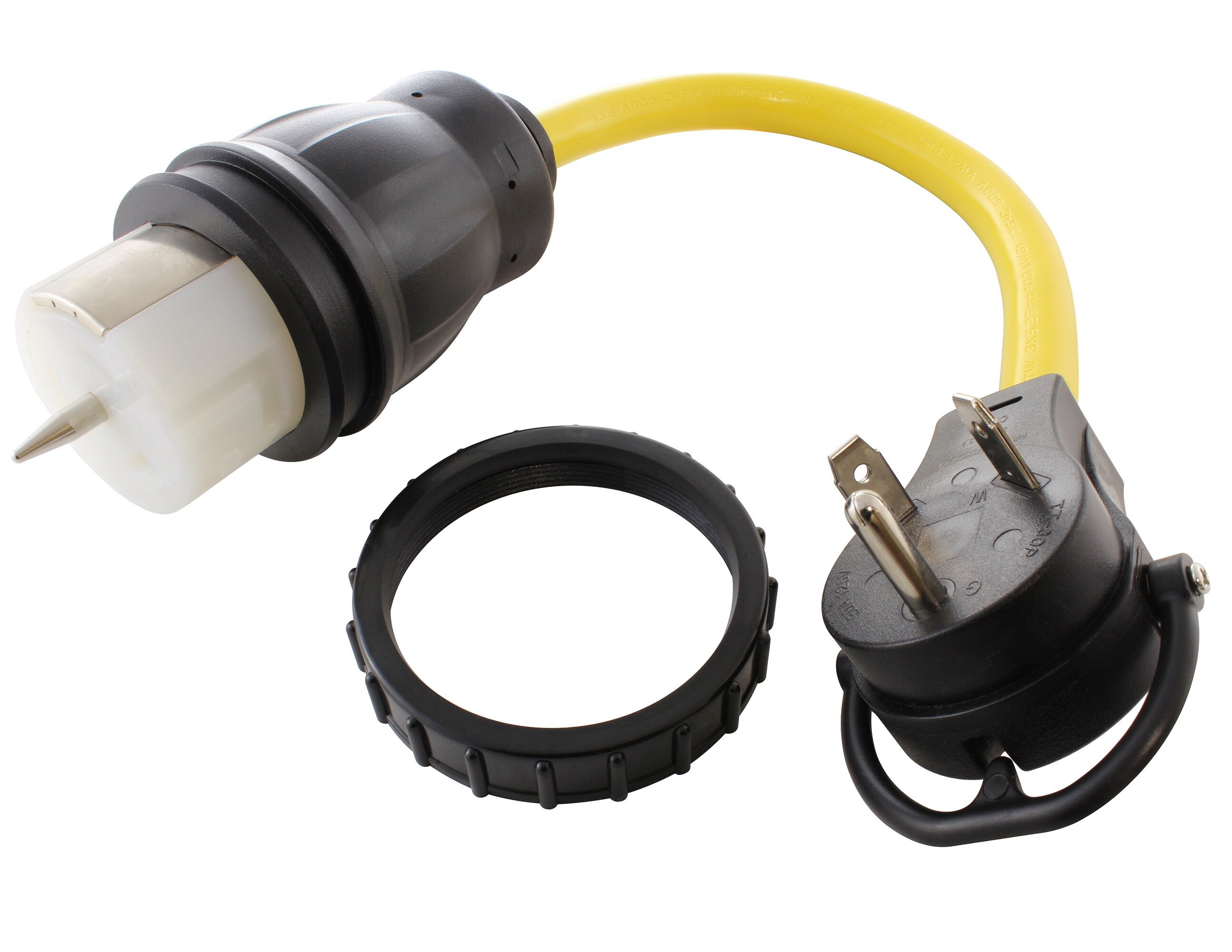 AC WORKS TETT-018 1.5ft NEMA TT-30P to CS6364 30-Amp 3-wire To 4-wire Grounding Single To Triple Yellow Basic Flexible Adapter