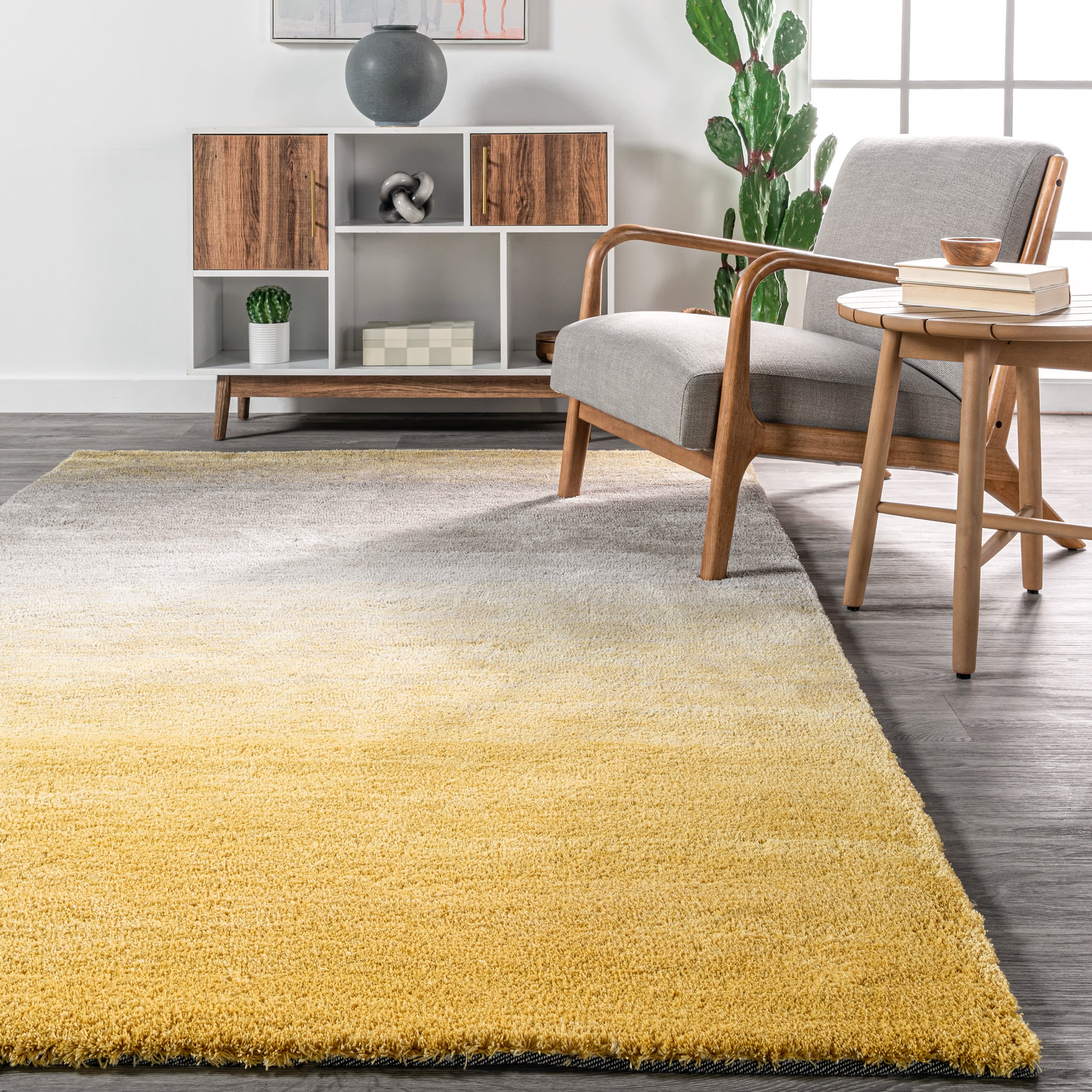 Yellow and Gray Ombre Hand-Tufted Shag Rug, 4' x 6'