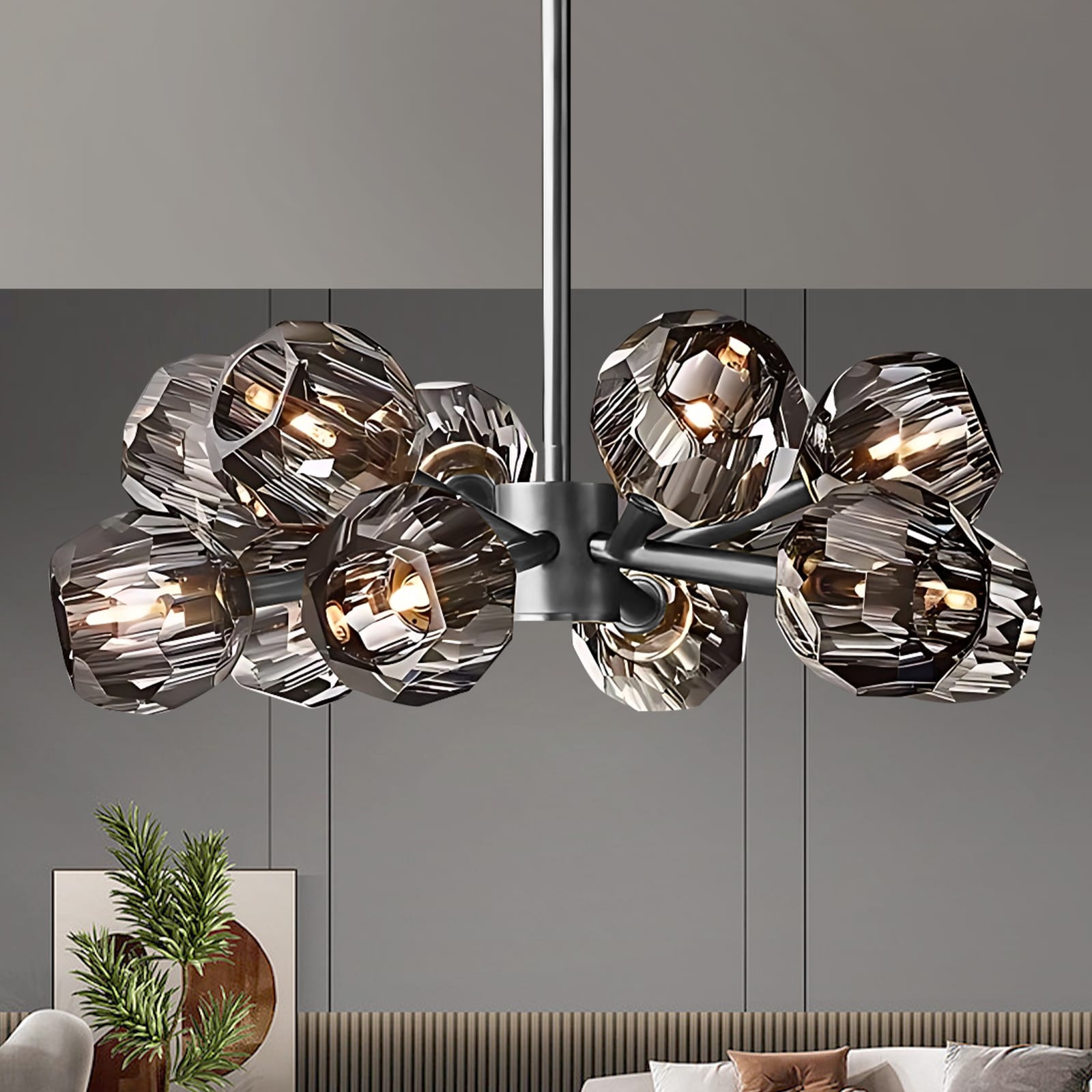 EFPERFECT DS-SY36 24 Inch Pearl Black Round Crystal Sputnik Chandelier Brushed Body Smoke Gray 12 Lights Fixture