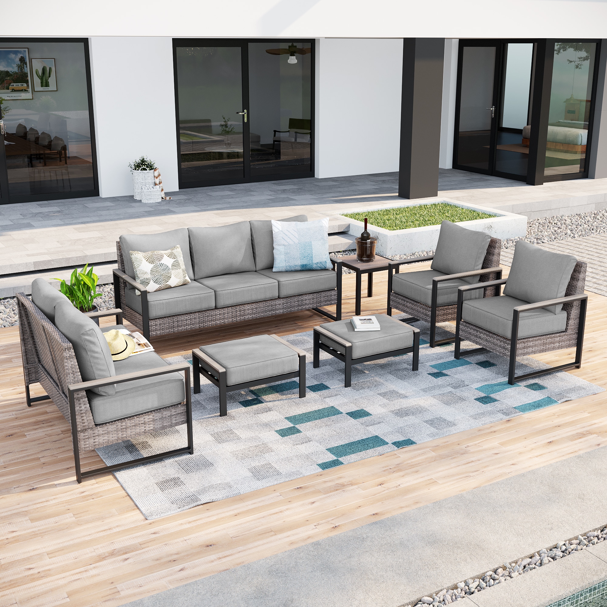 ACEGOSES LW-148HGY-S3T7 Skytop 7 -Piece Wicker Patio Sofa Conversation Set with Gray Cushions