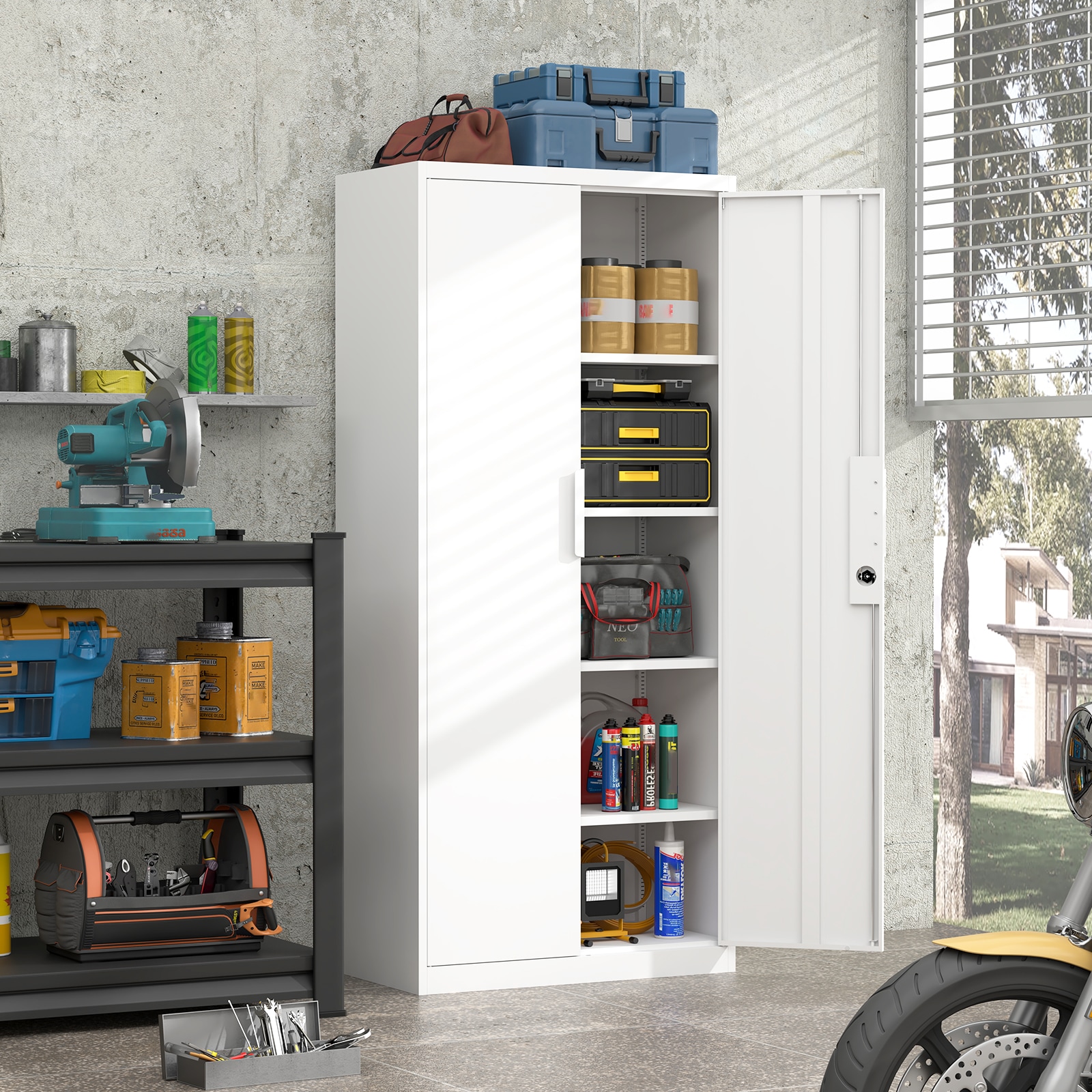 Vynxaria 72-in H x 32-in W Metal Storage Cabinet with 2 Doors and Lock 4 Adjustable Shelves Heavy-Duty Steel Filing Cabinet for Home Office White