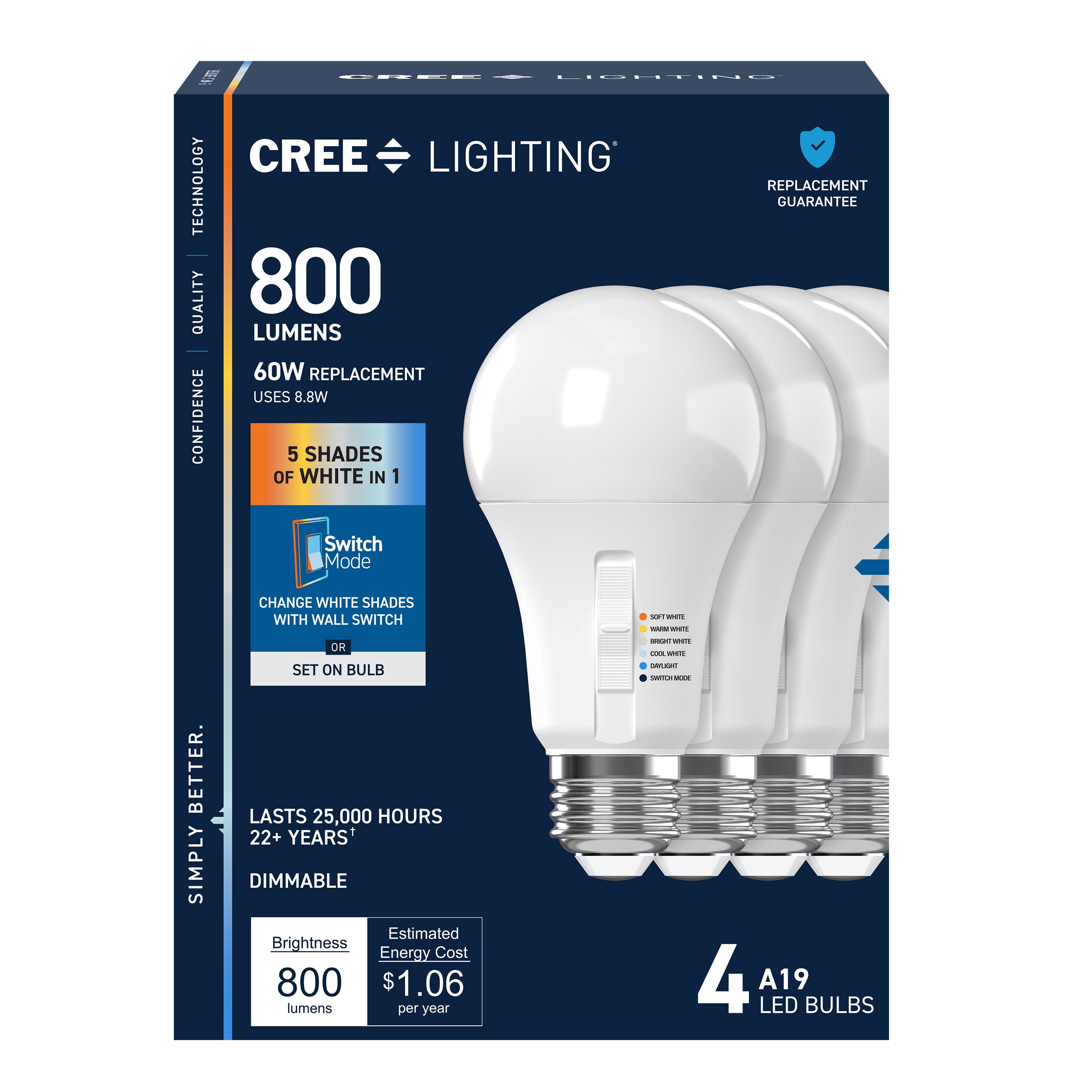 Cree Lighting CL800A6WY4 60 -Watt EQ E26 Switchable white Medium base (E-26) Dimmable LED General purpose Light Bulb 4 -Pack