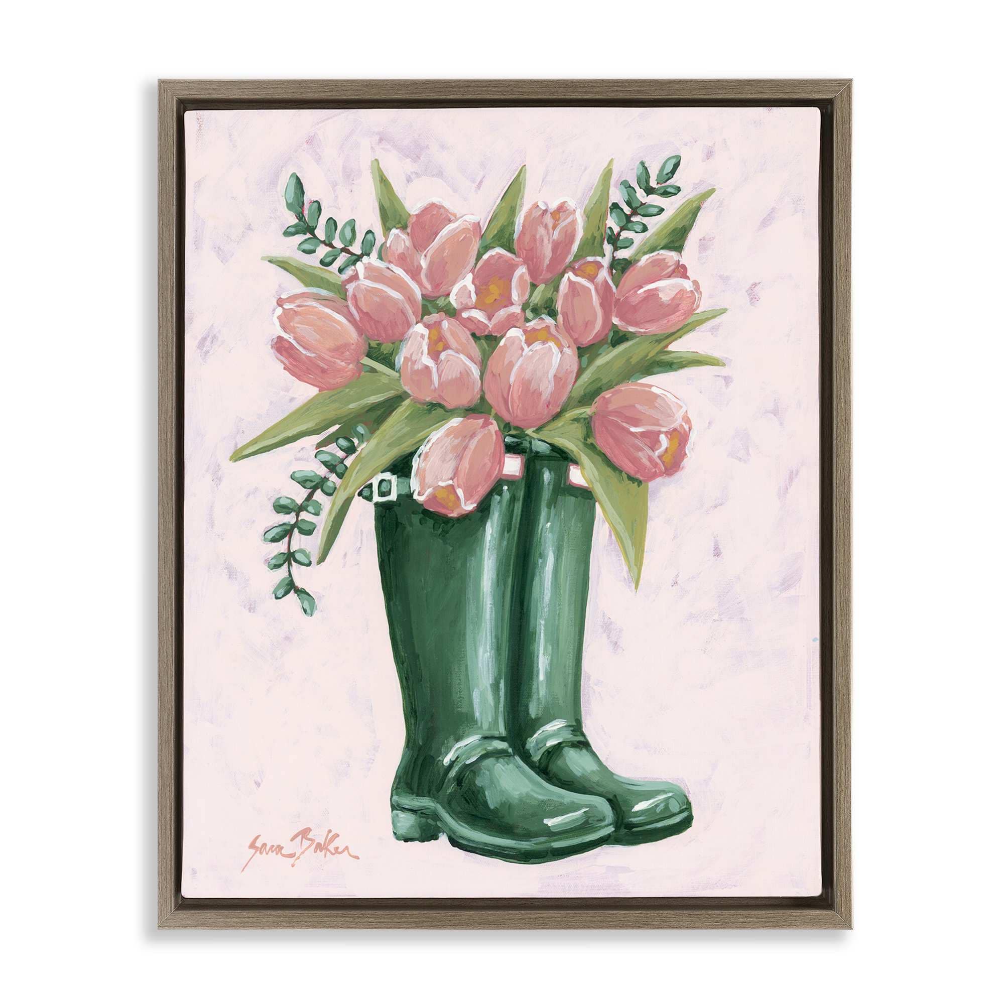 Stupell Industries BS-672-FFE-16X20 Pink Tulips in Boots Brown Framed Floater Canvas Wall Art By Sara Baker 17 x 21